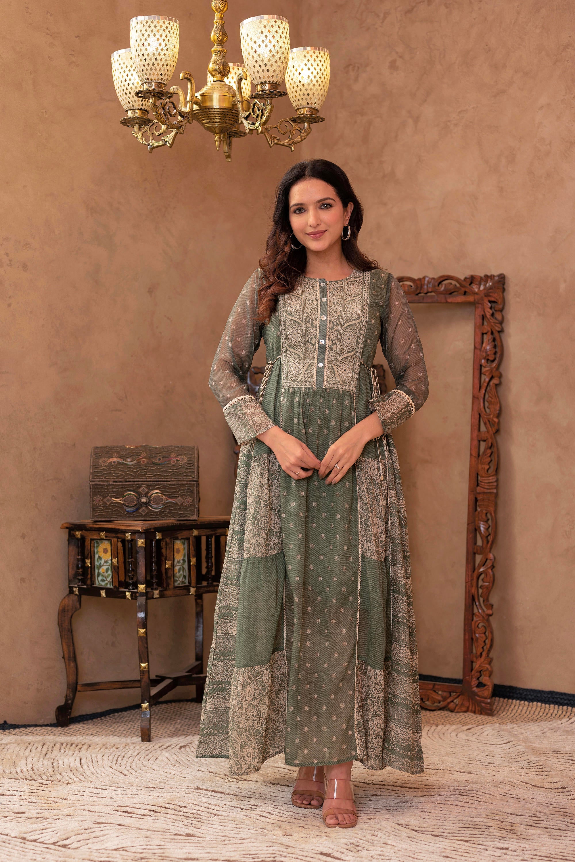 Green Floral Embroidered Cotton Dress with Tassels & Denim Look