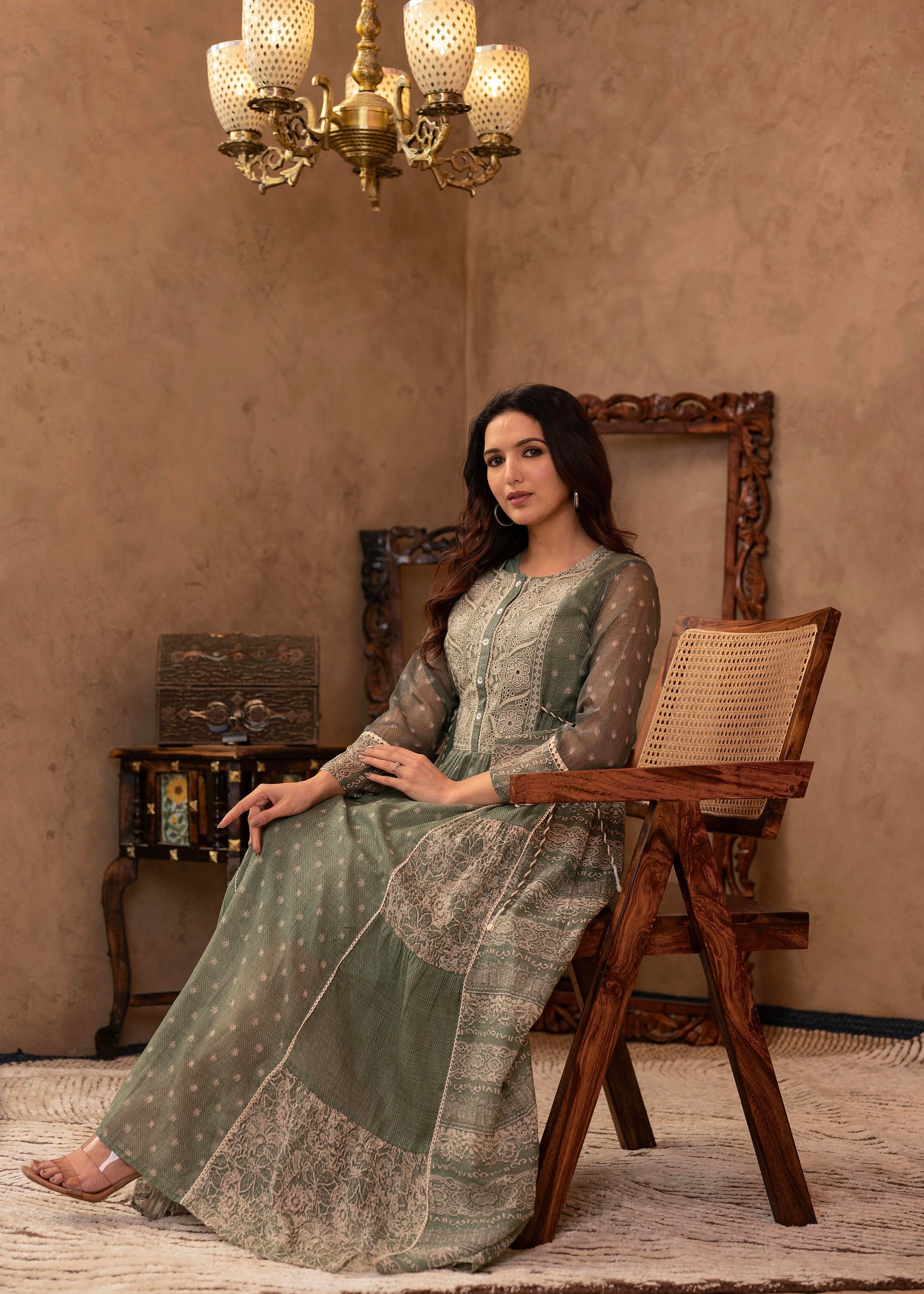 Green Floral Embroidered Cotton Dress with Tassels & Denim Look