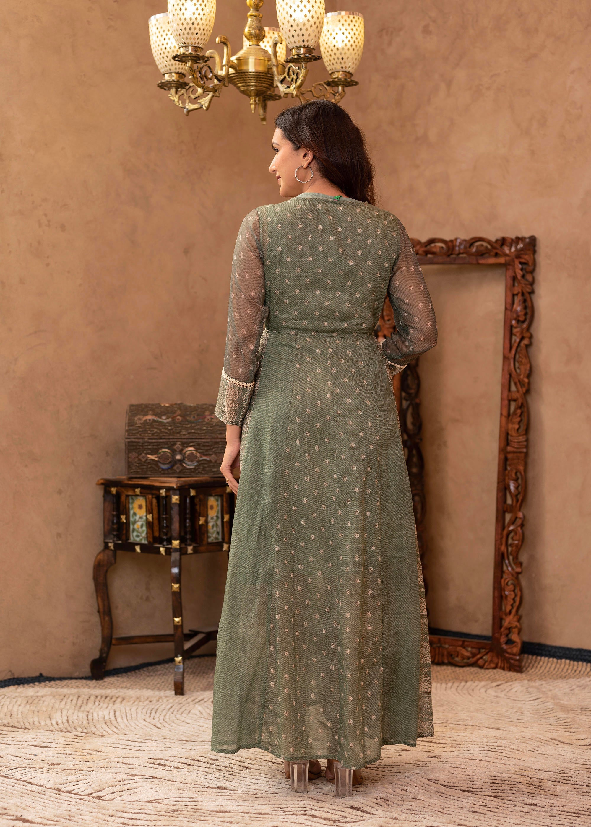 Green Floral Embroidered Cotton Dress with Tassels & Denim Look