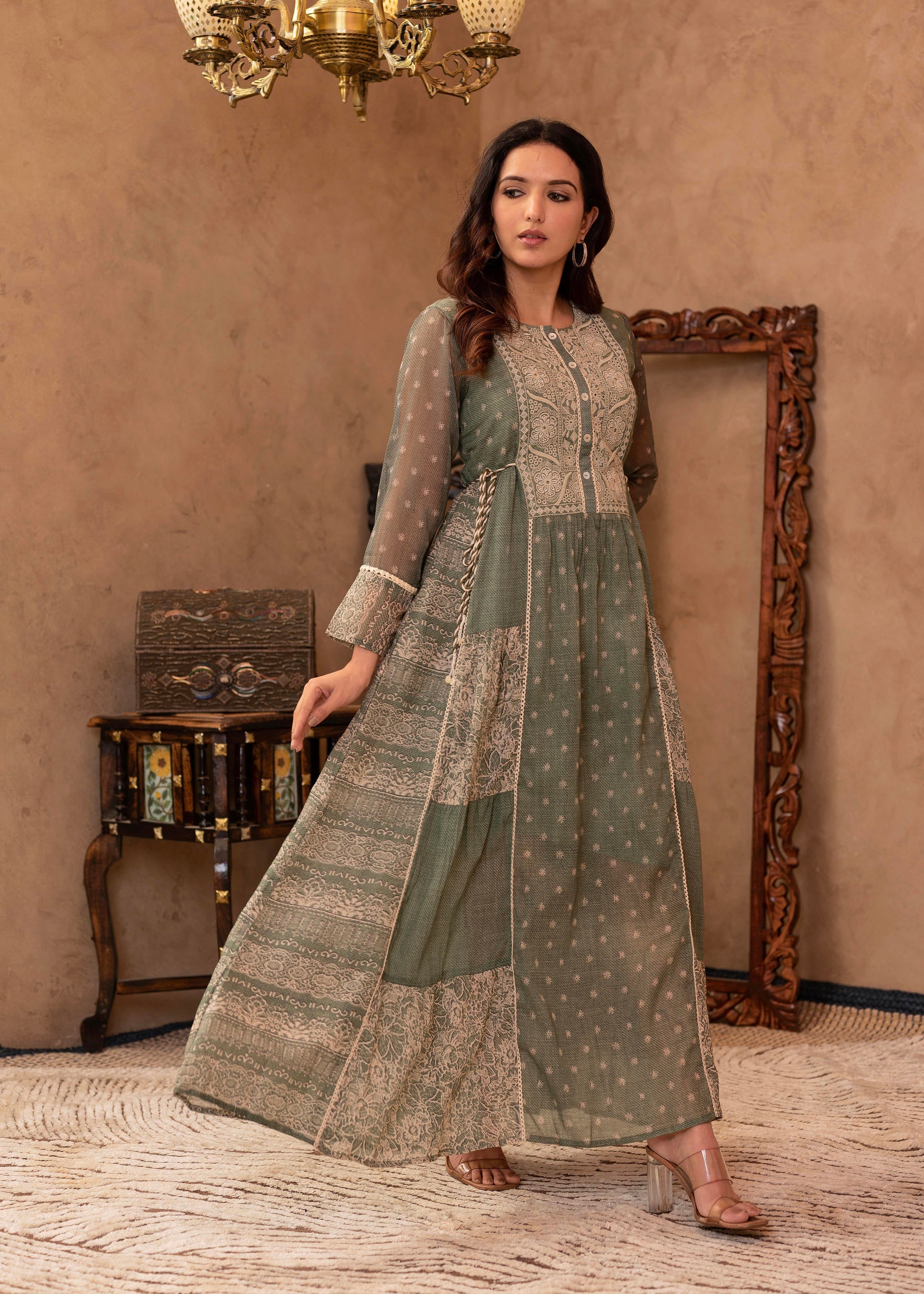 Green Floral Embroidered Cotton Dress with Tassels & Denim Look