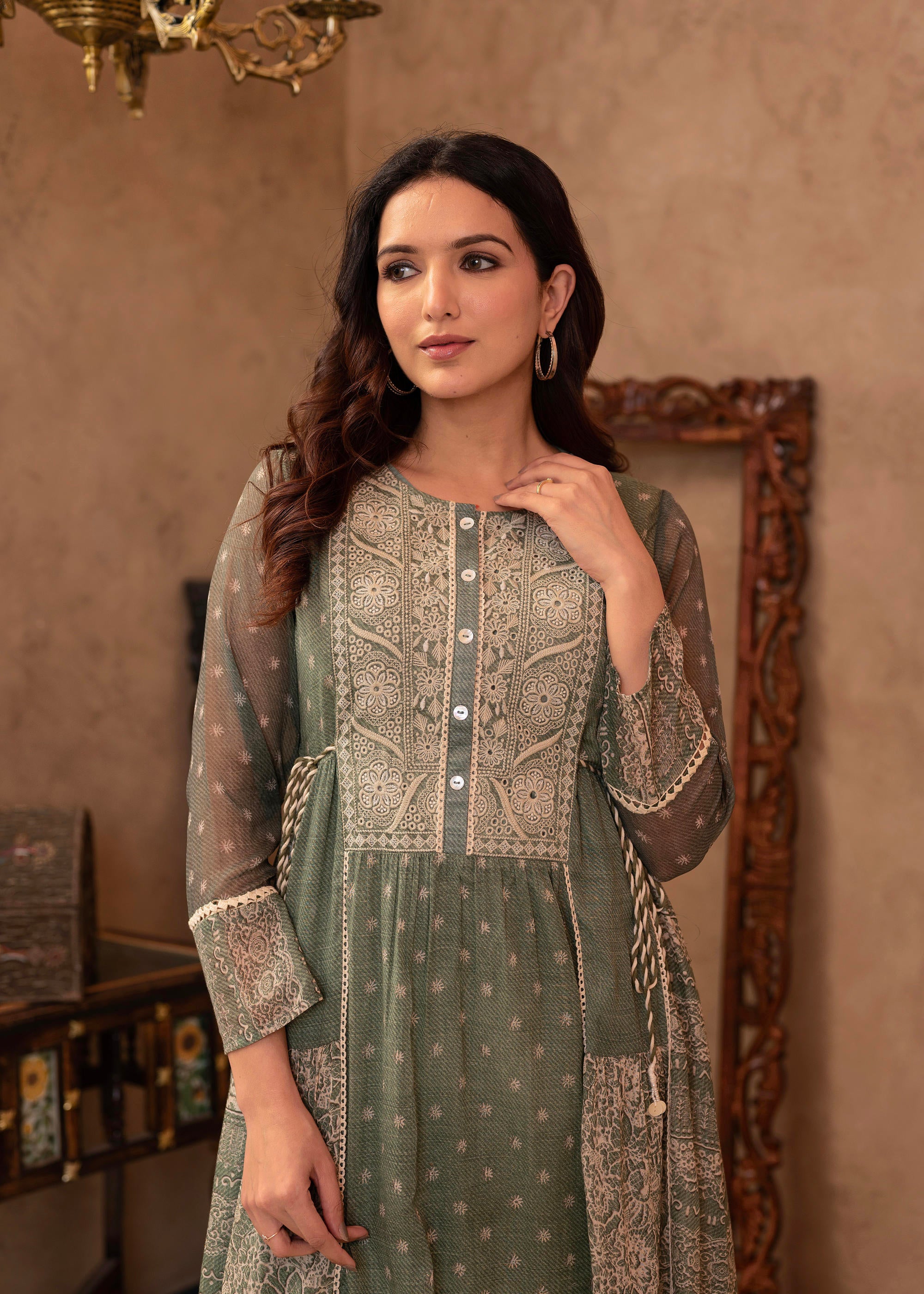 Green Floral Embroidered Cotton Dress with Tassels & Denim Look