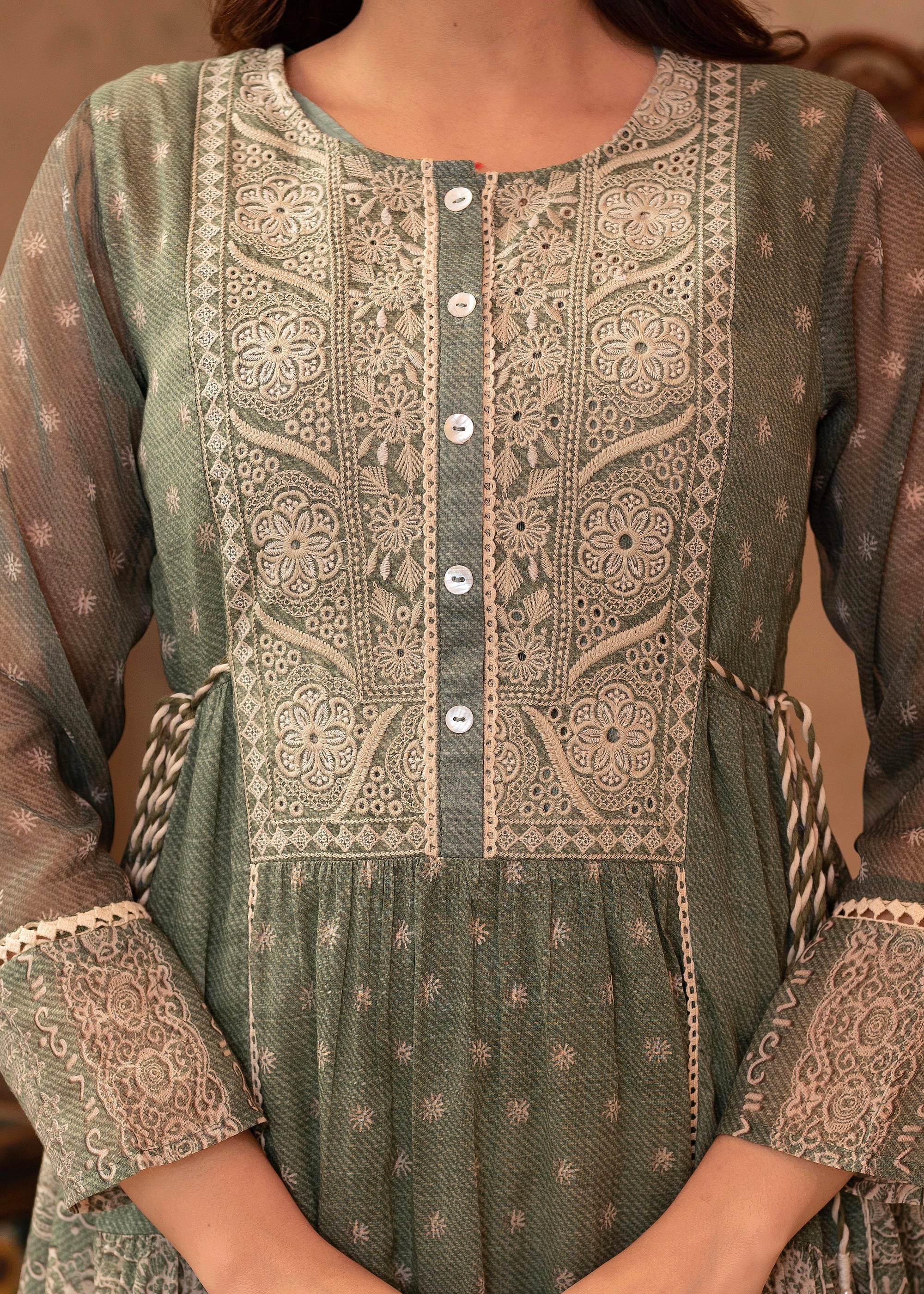 Green Floral Embroidered Cotton Dress with Tassels & Denim Look