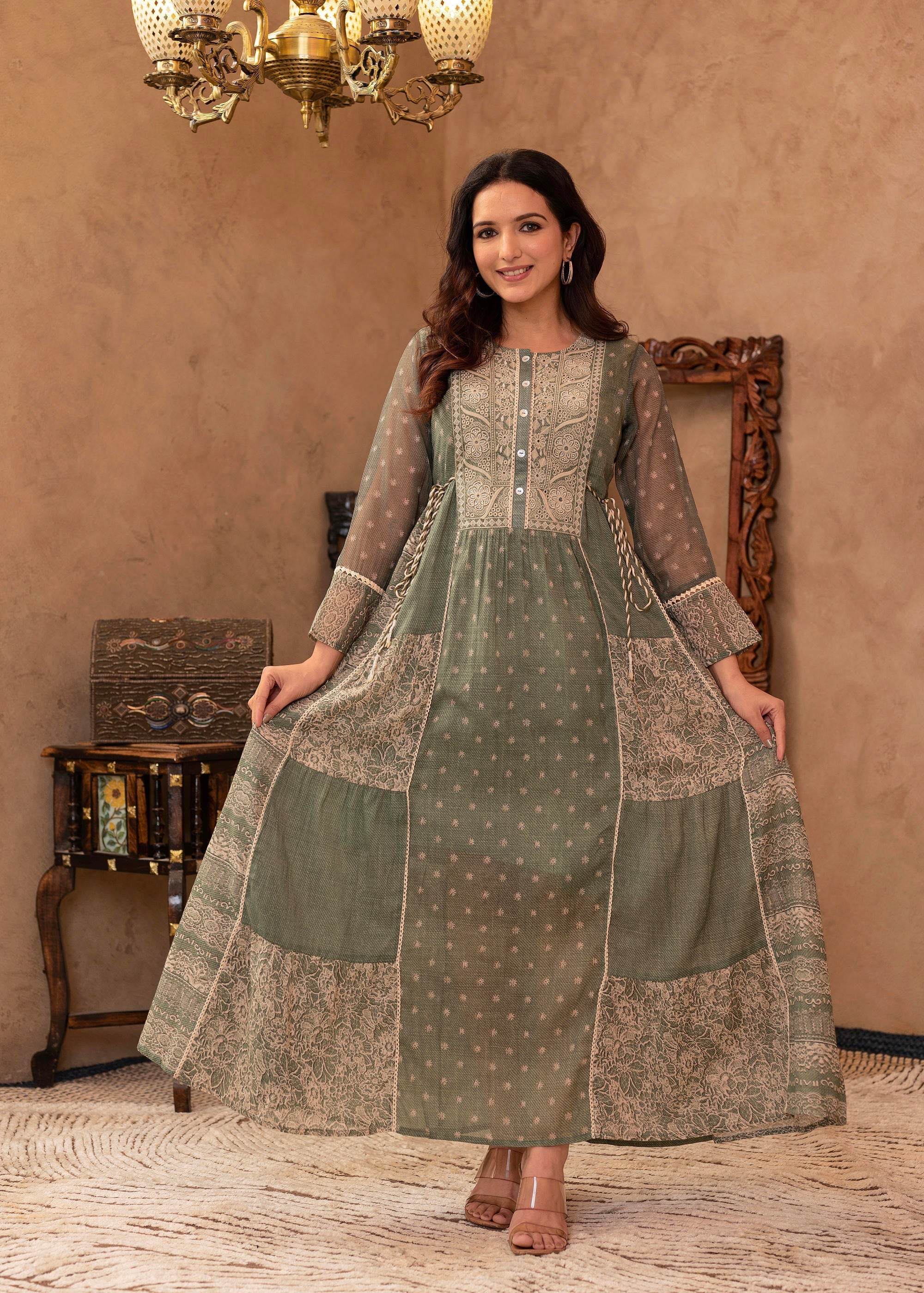 Green Floral Embroidered Cotton Dress with Tassels & Denim Look