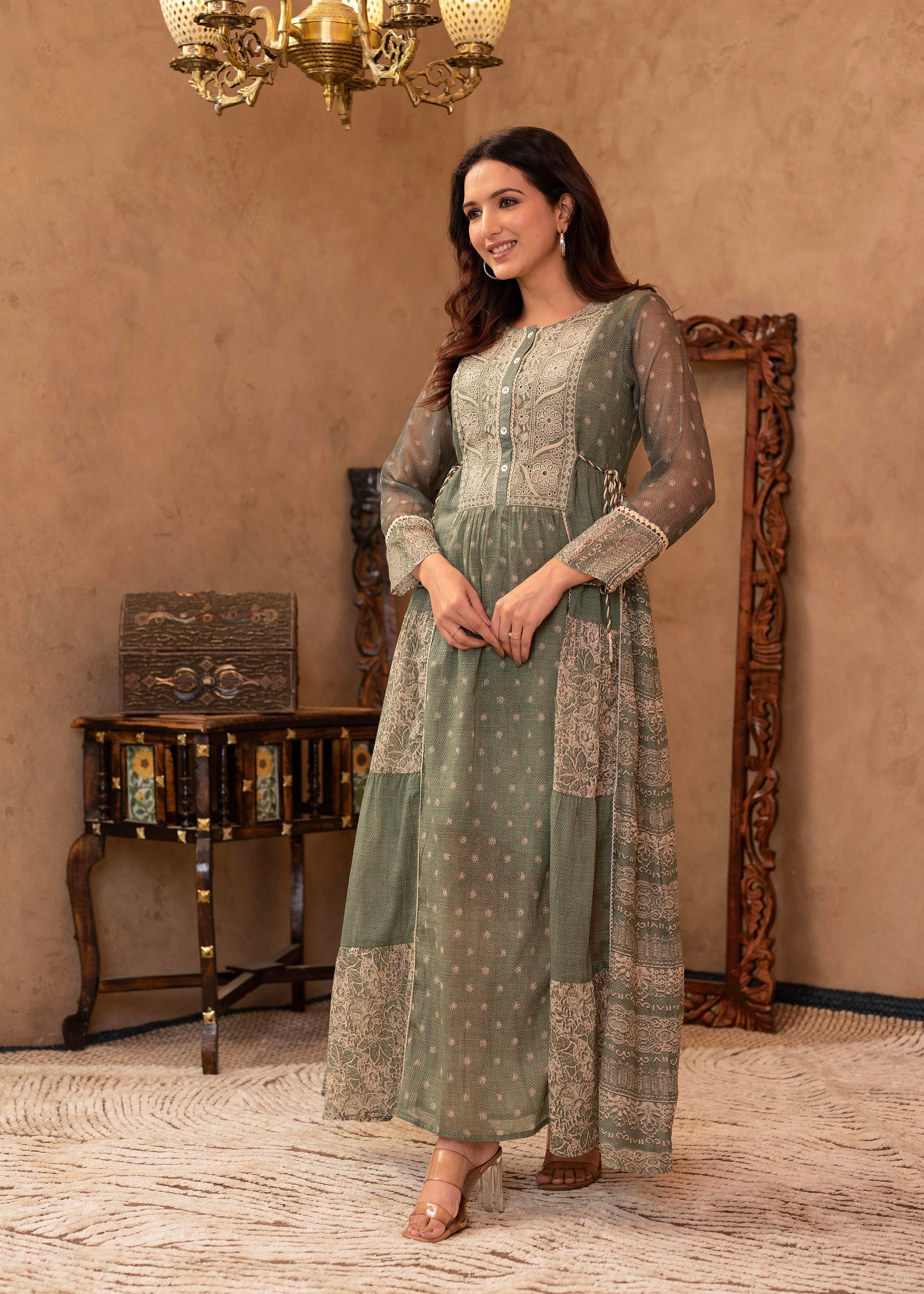 Green Floral Embroidered Cotton Dress with Tassels & Denim Look