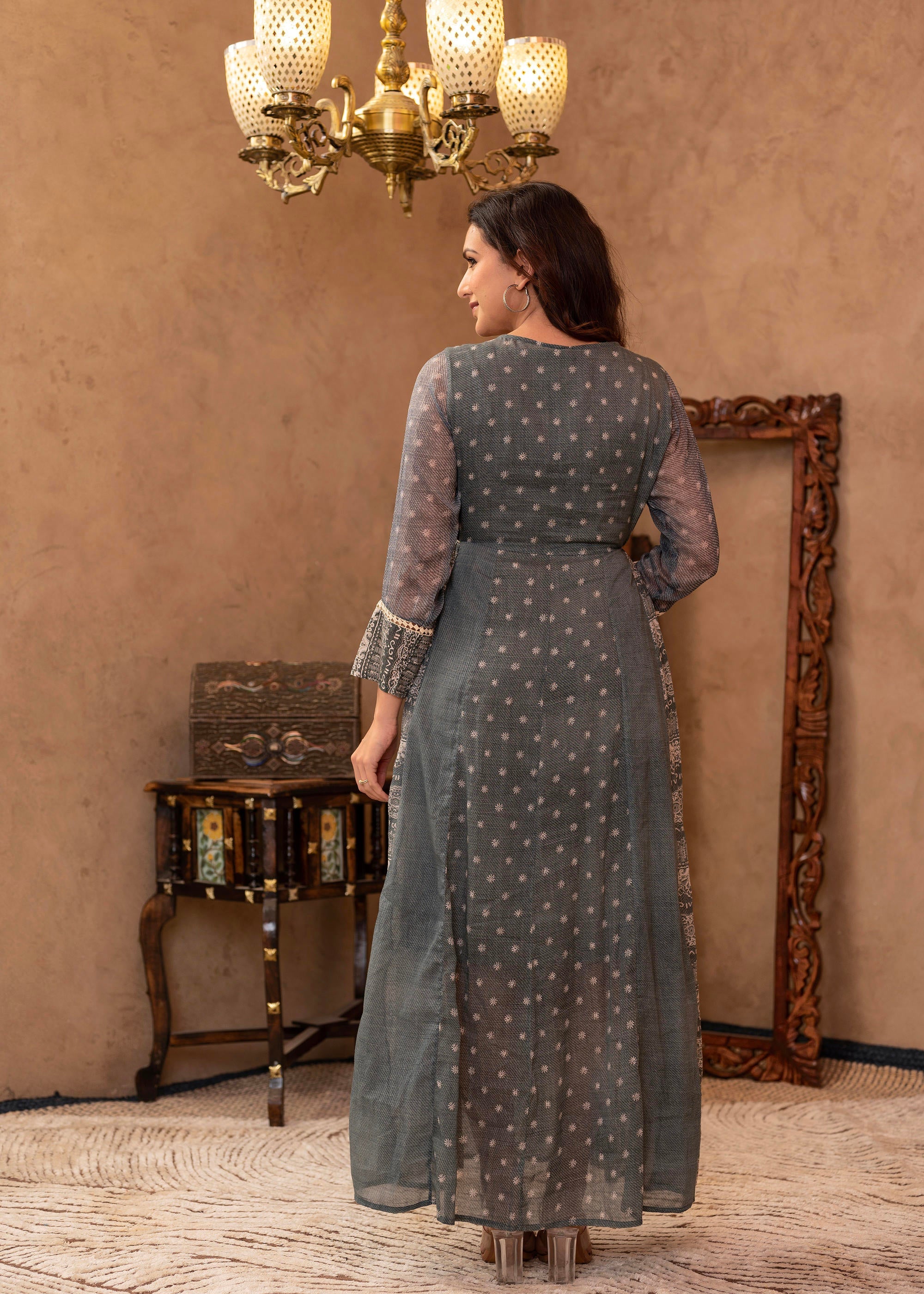 Grey Floral Embroidered Cotton Dress with Tassels & Denim Look