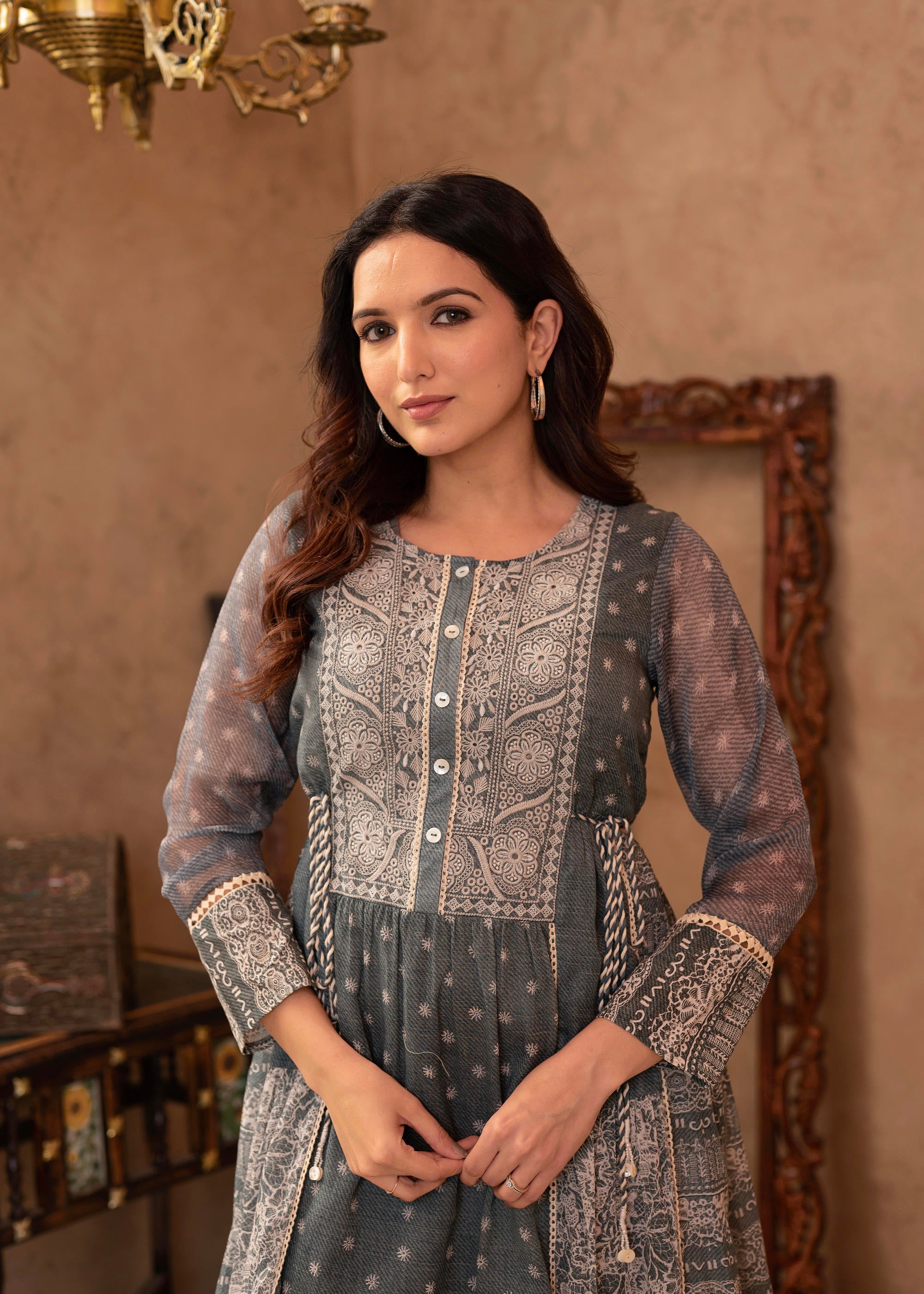 Grey Floral Embroidered Cotton Dress with Tassels & Denim Look