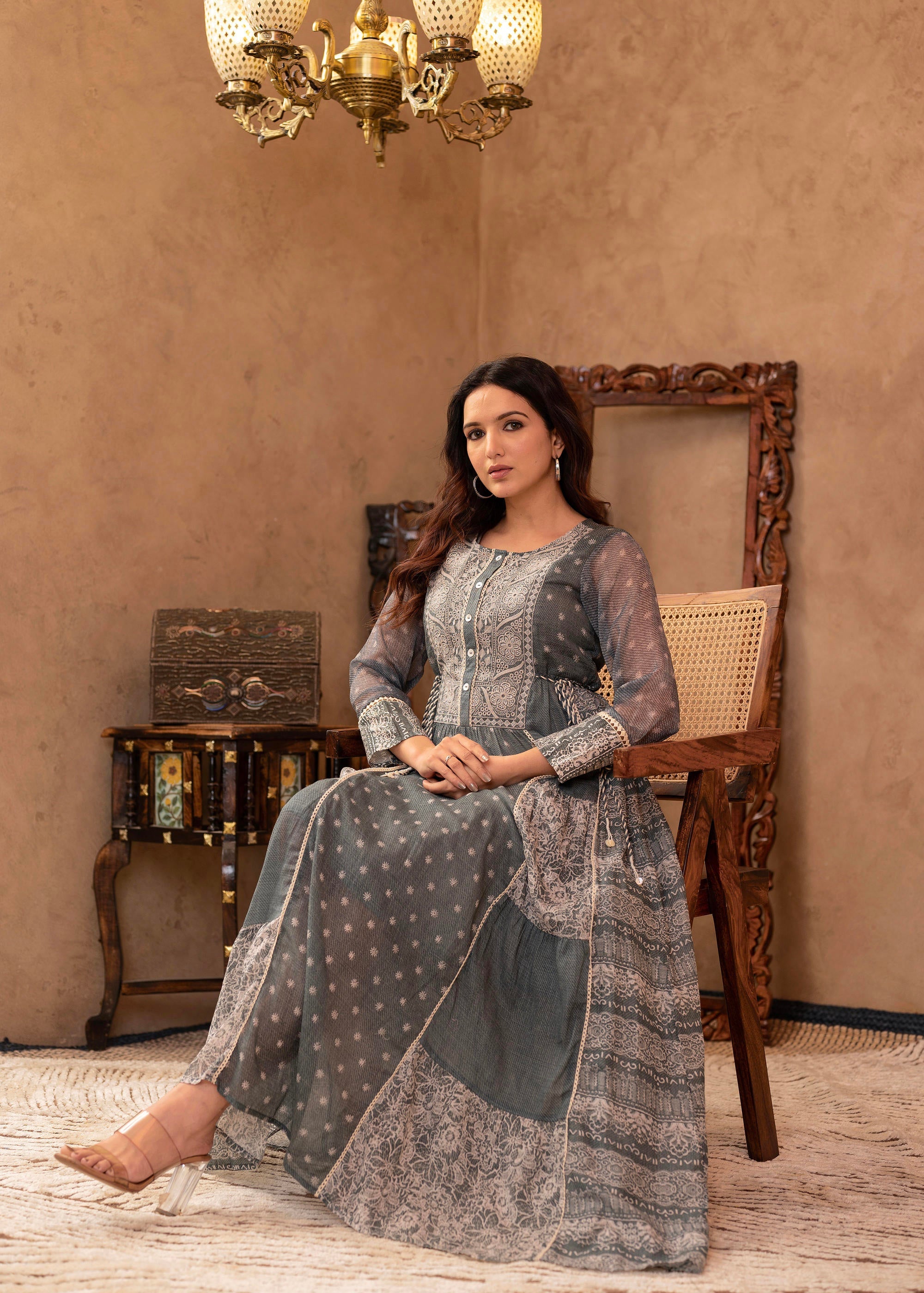 Grey Floral Embroidered Cotton Dress with Tassels & Denim Look