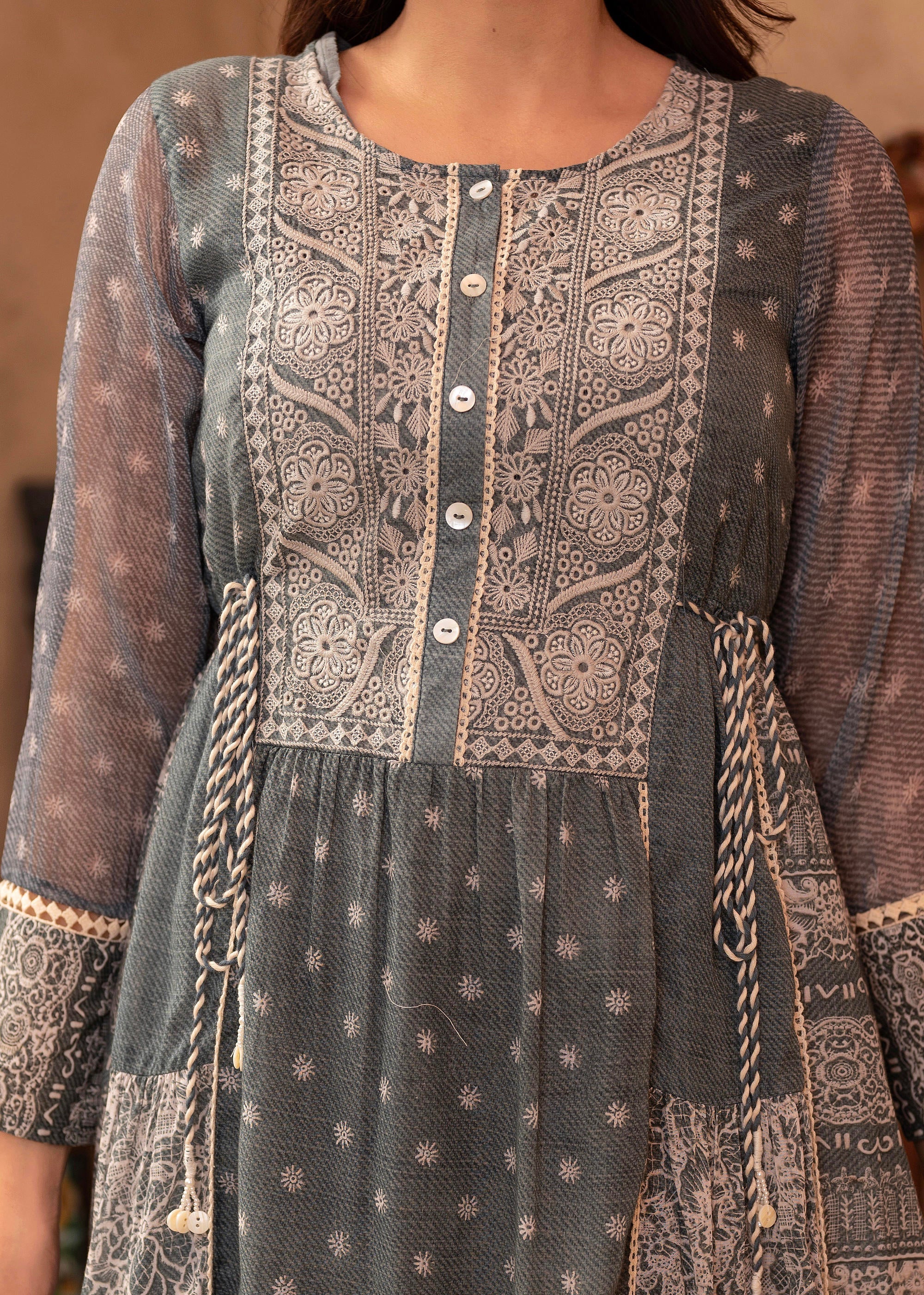 Grey Floral Embroidered Cotton Dress with Tassels & Denim Look