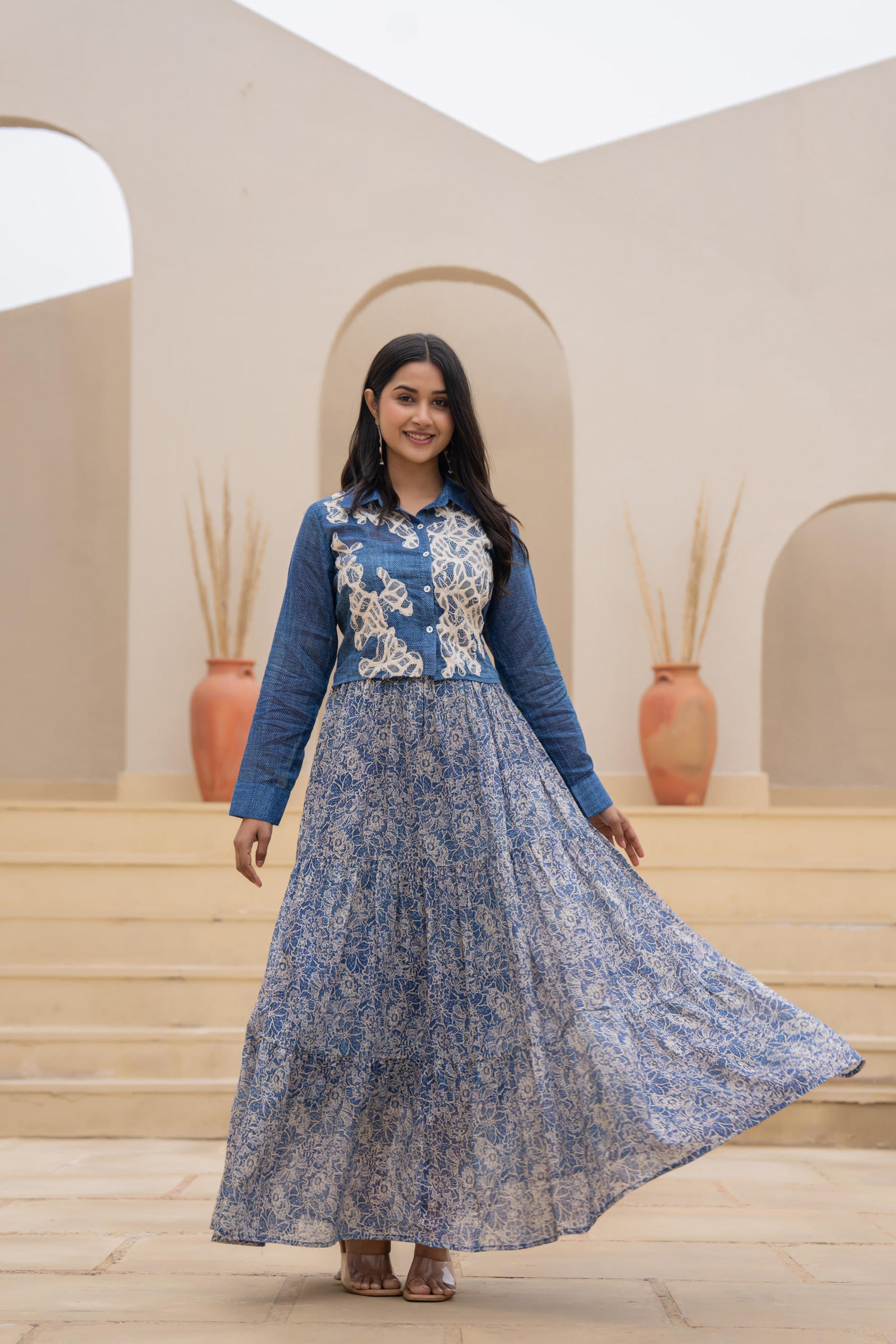 Indigo Blue Shirt-Style Dress with Off White Embroidery & Tiered Floral Maxi Skirt