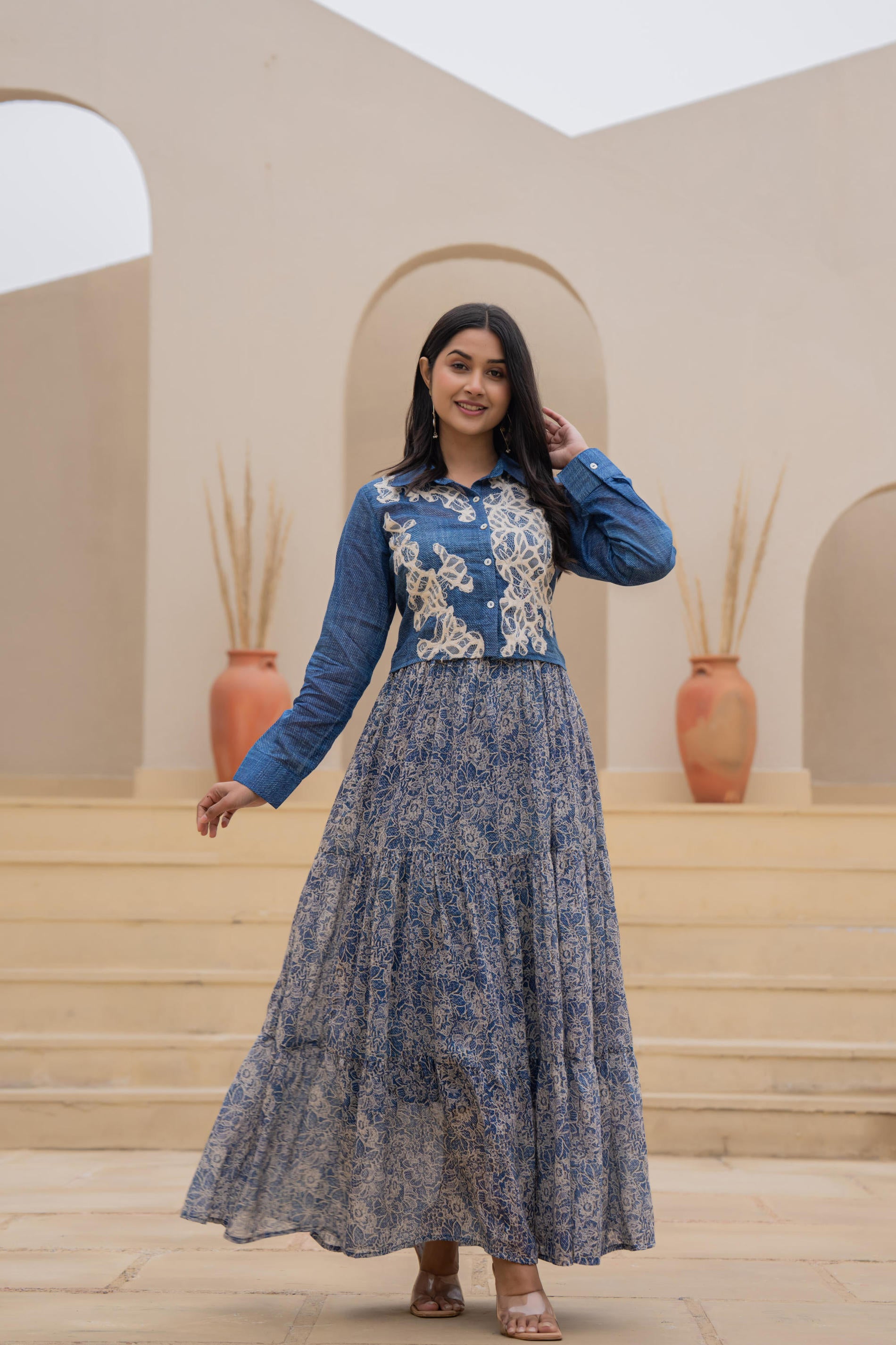 Indigo Blue Shirt-Style Dress with Off White Embroidery & Tiered Floral Maxi Skirt