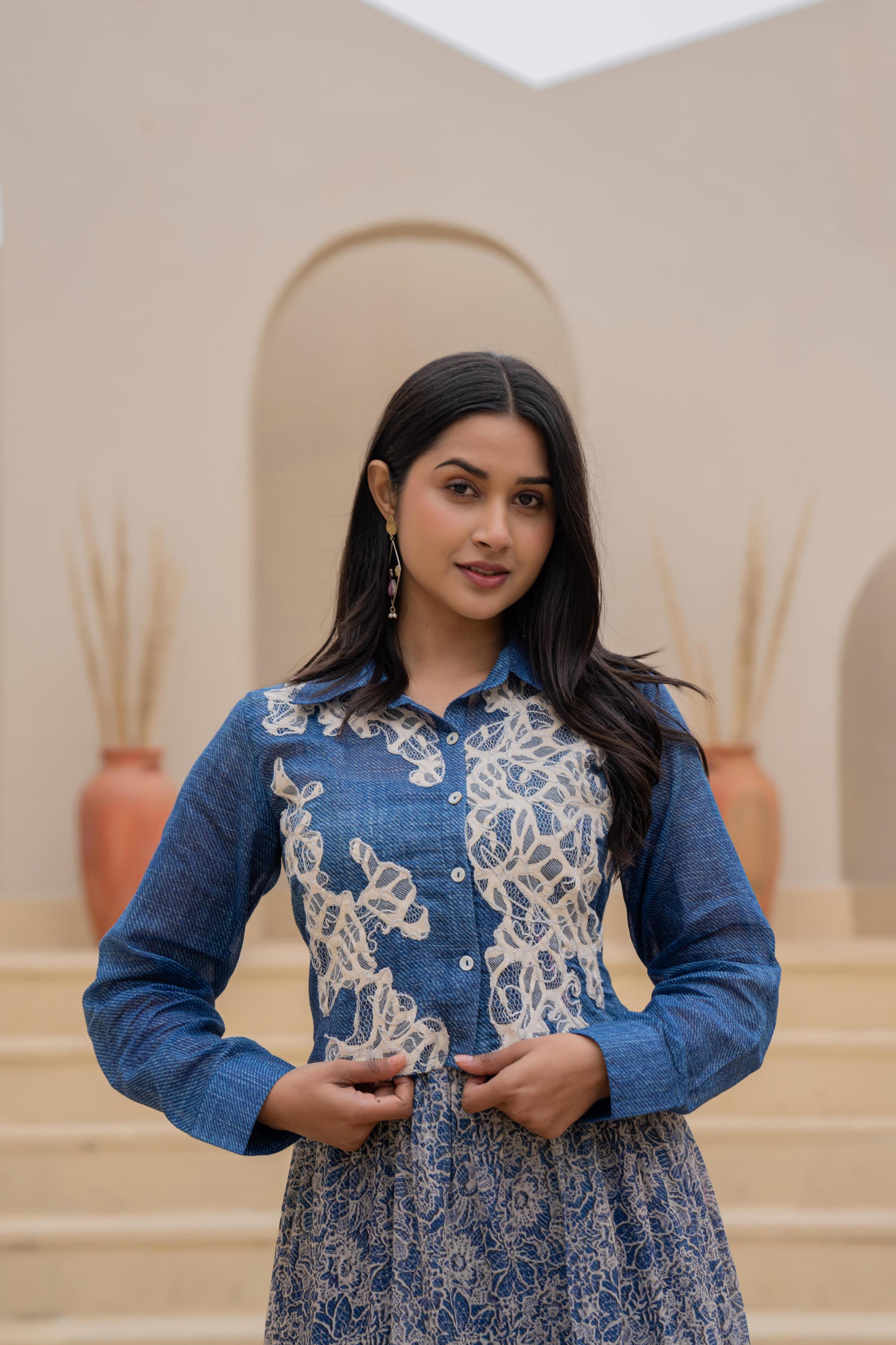 Indigo Blue Shirt-Style Dress with Off White Embroidery & Tiered Floral Maxi Skirt