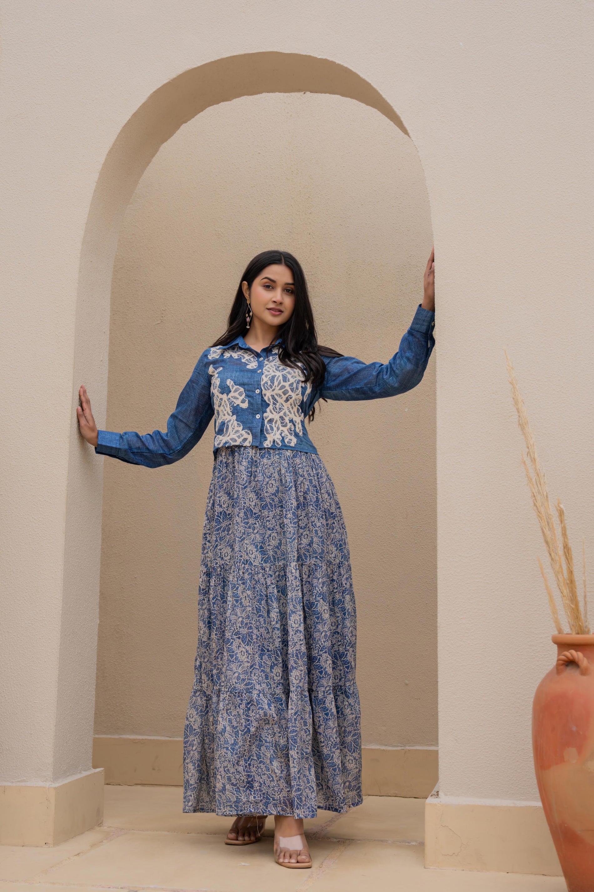 Indigo Blue Shirt-Style Dress with Off White Embroidery & Tiered Floral Maxi Skirt