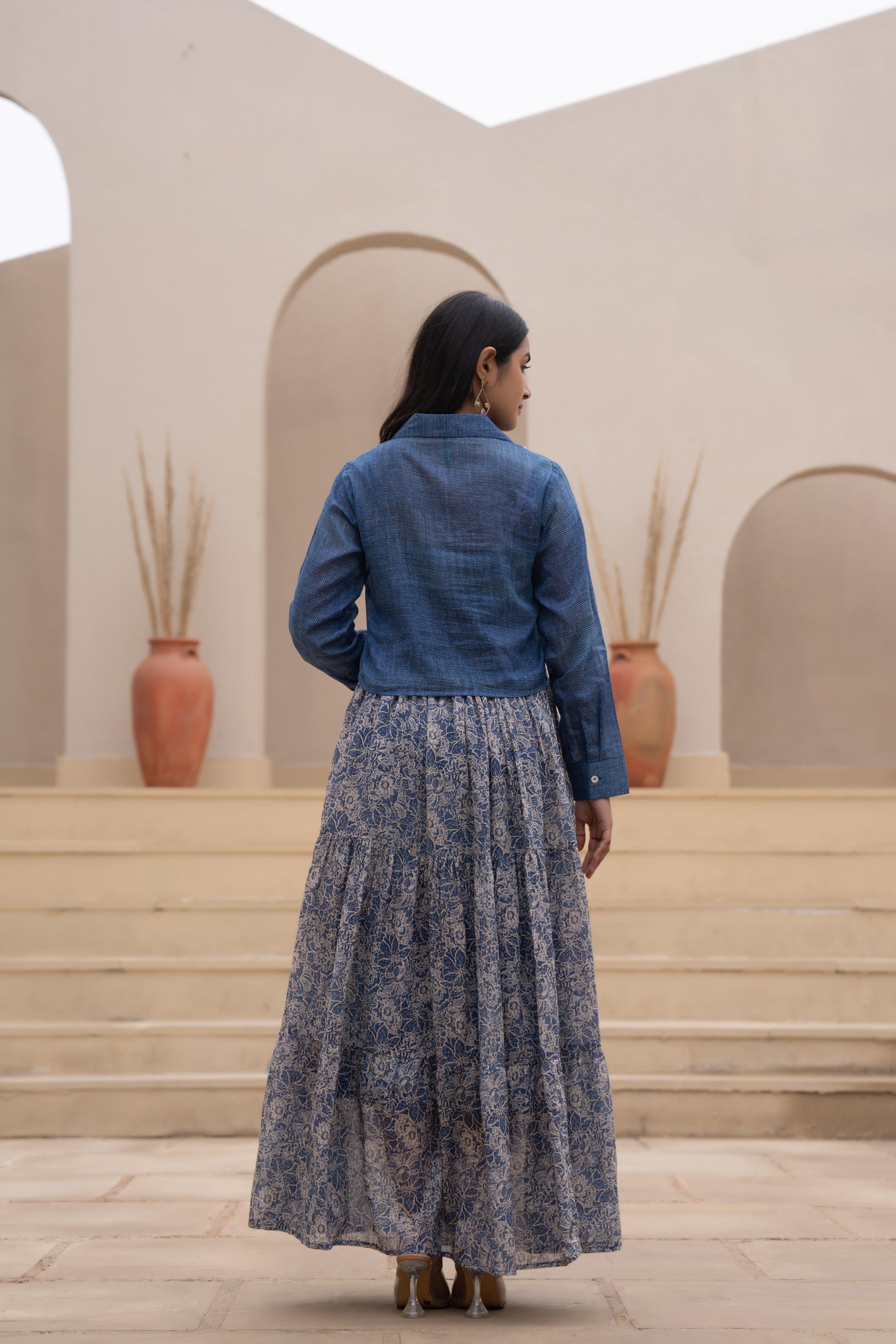 Indigo Blue Shirt-Style Dress with Off White Embroidery & Tiered Floral Maxi Skirt