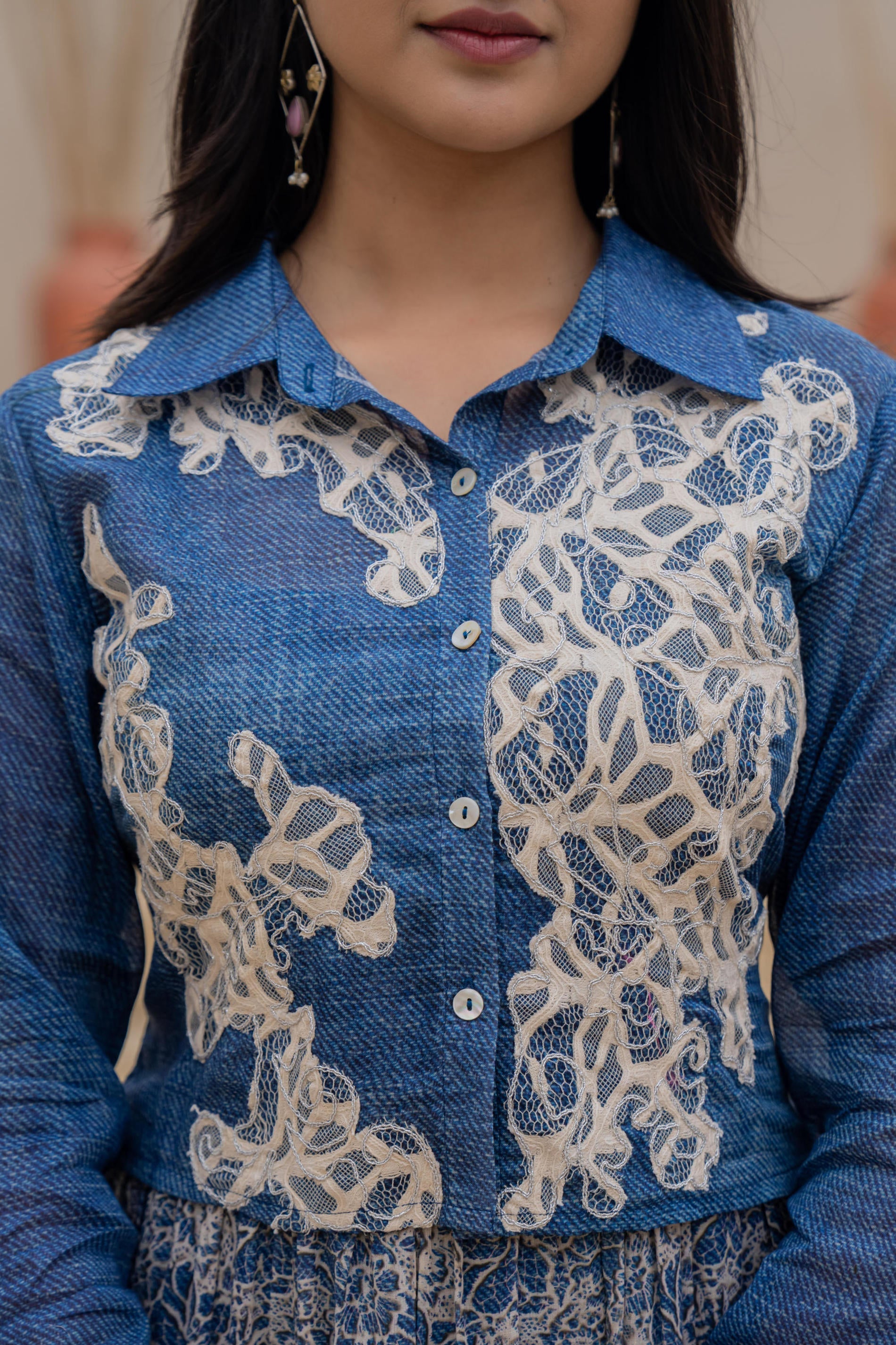 Indigo Blue Shirt-Style Dress with Off White Embroidery & Tiered Floral Maxi Skirt