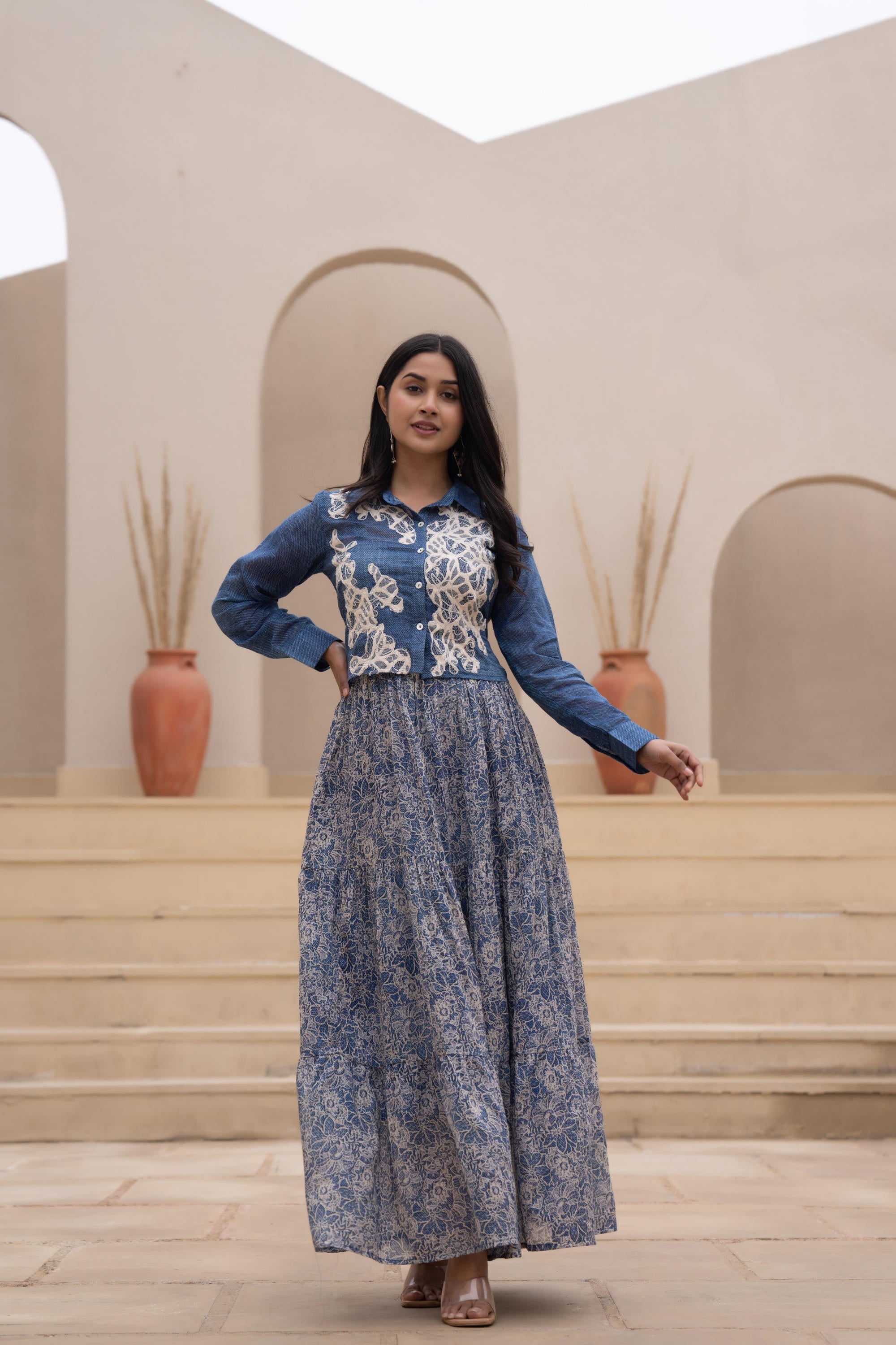 Indigo Blue Shirt-Style Dress with Off White Embroidery & Tiered Floral Maxi Skirt