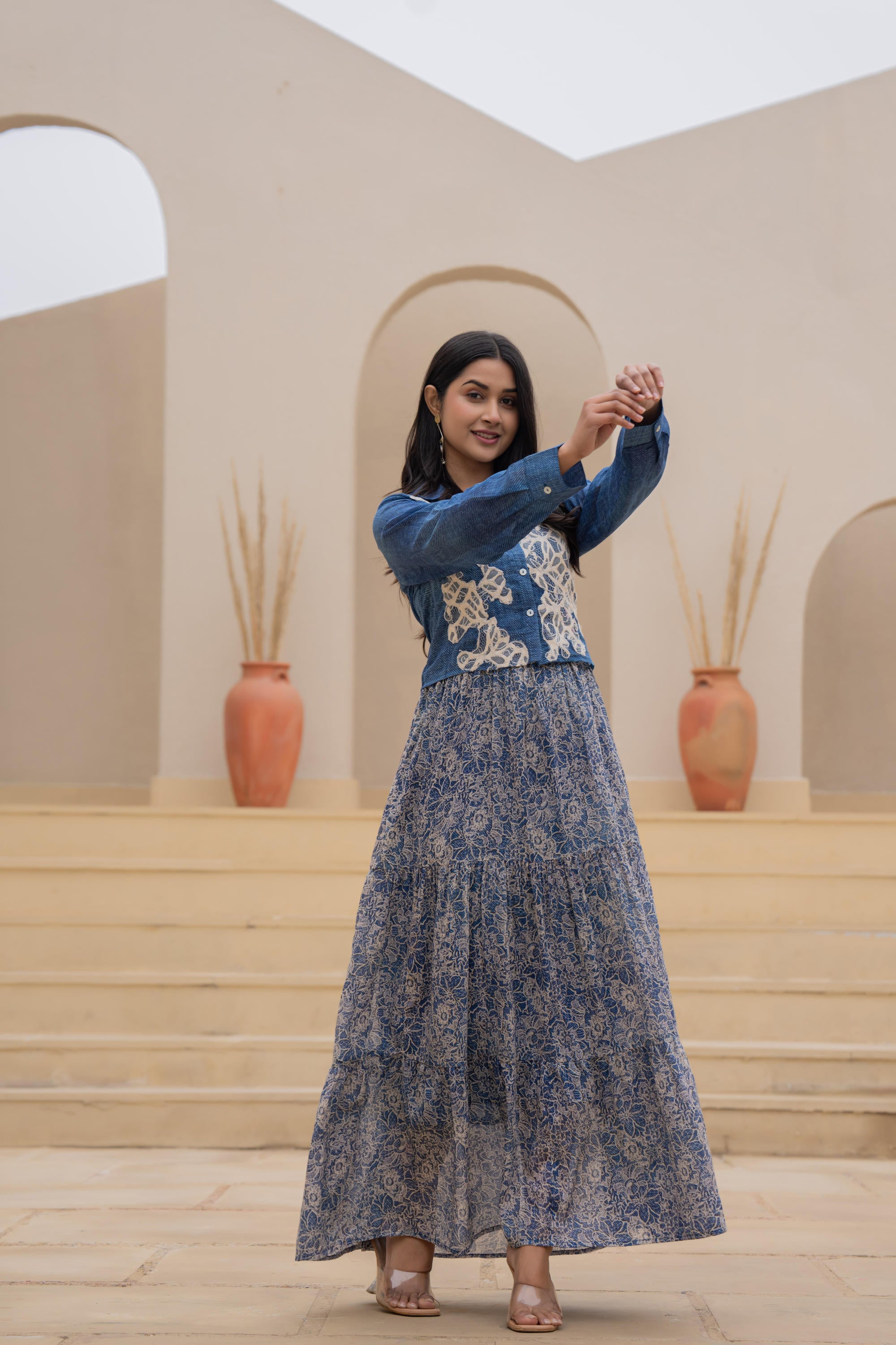 Indigo Blue Shirt-Style Dress with Off White Embroidery & Tiered Floral Maxi Skirt