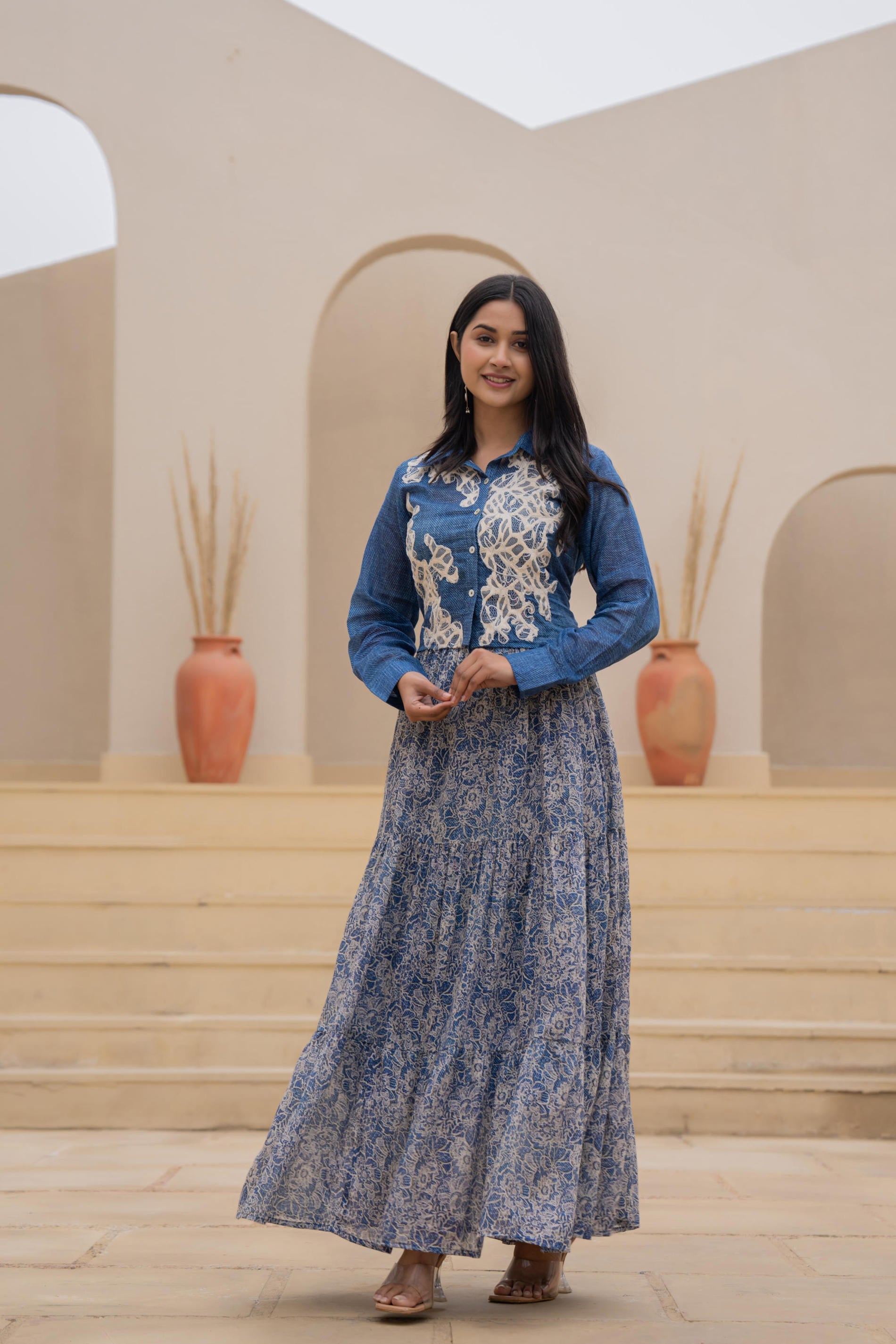 Indigo Blue Shirt-Style Dress with Off White Embroidery & Tiered Floral Maxi Skirt