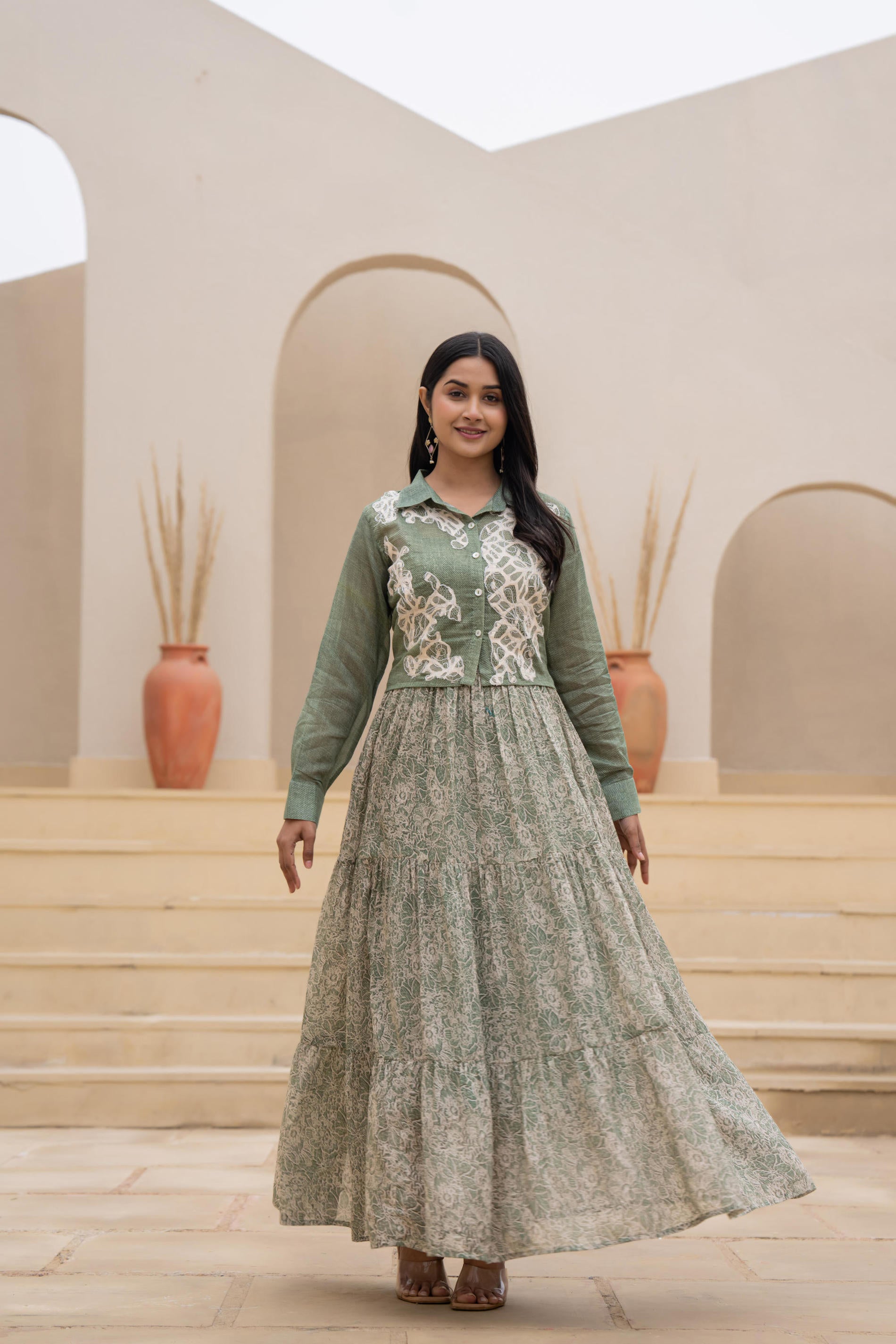 Green Shirt-Style Dress with Off White Embroidery & Tiered Floral Maxi Skirt