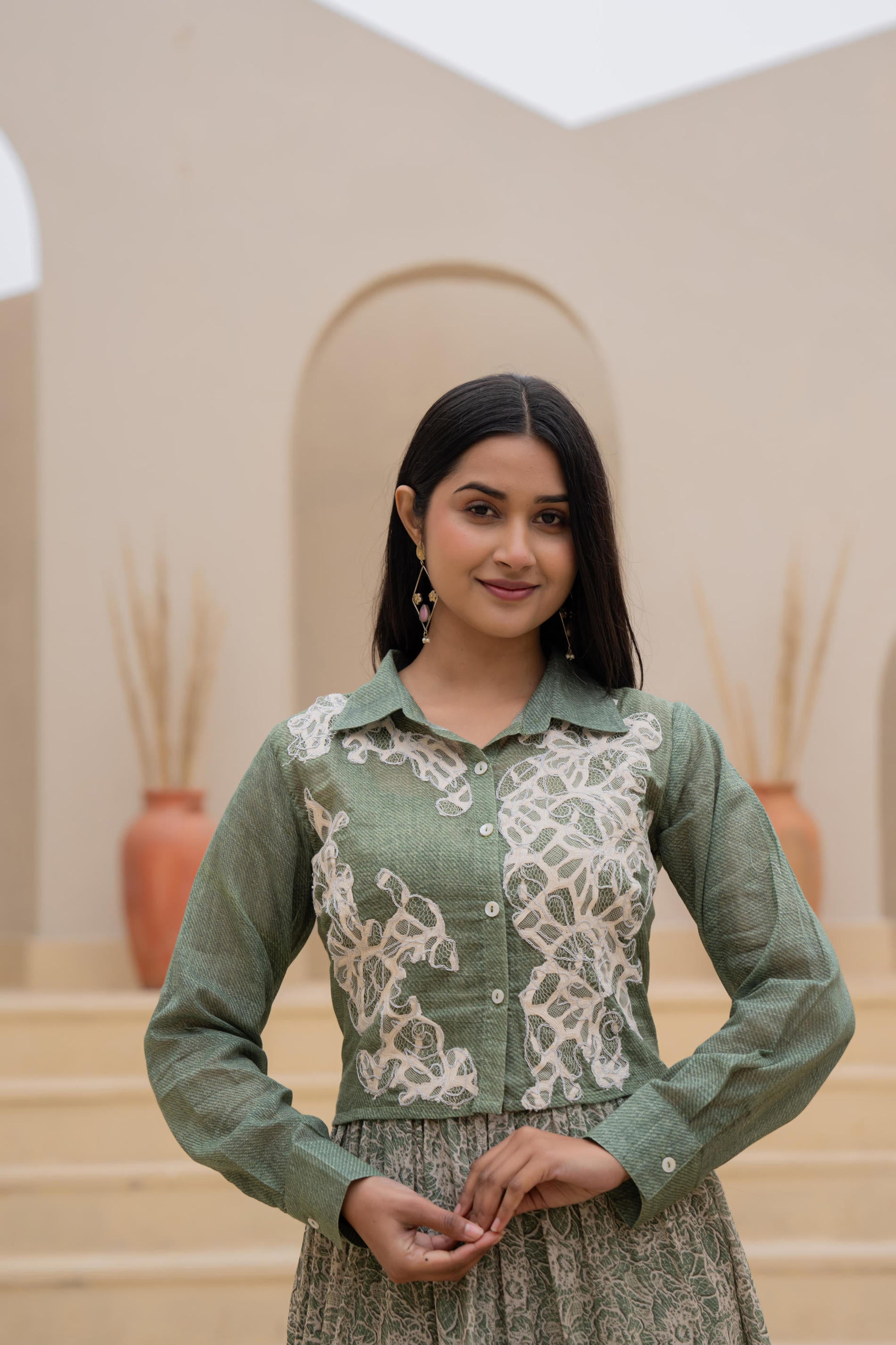 Green Shirt-Style Dress with Off White Embroidery & Tiered Floral Maxi Skirt