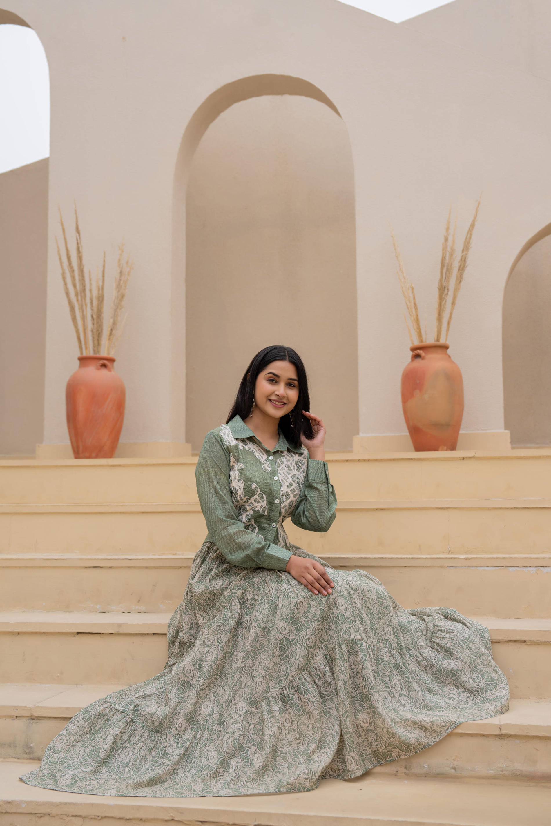 Green Shirt-Style Dress with Off White Embroidery & Tiered Floral Maxi Skirt