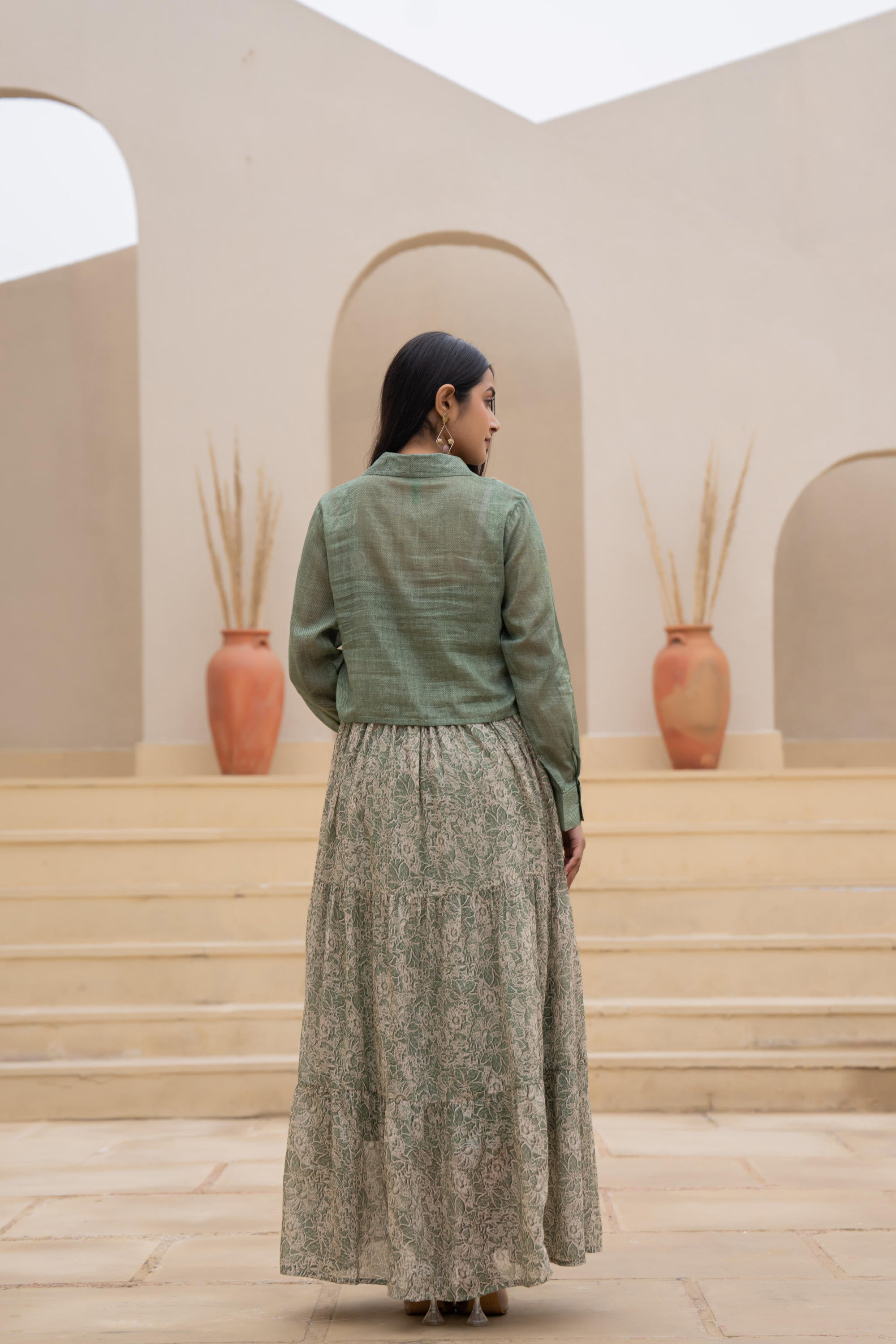 Green Shirt-Style Dress with Off White Embroidery & Tiered Floral Maxi Skirt