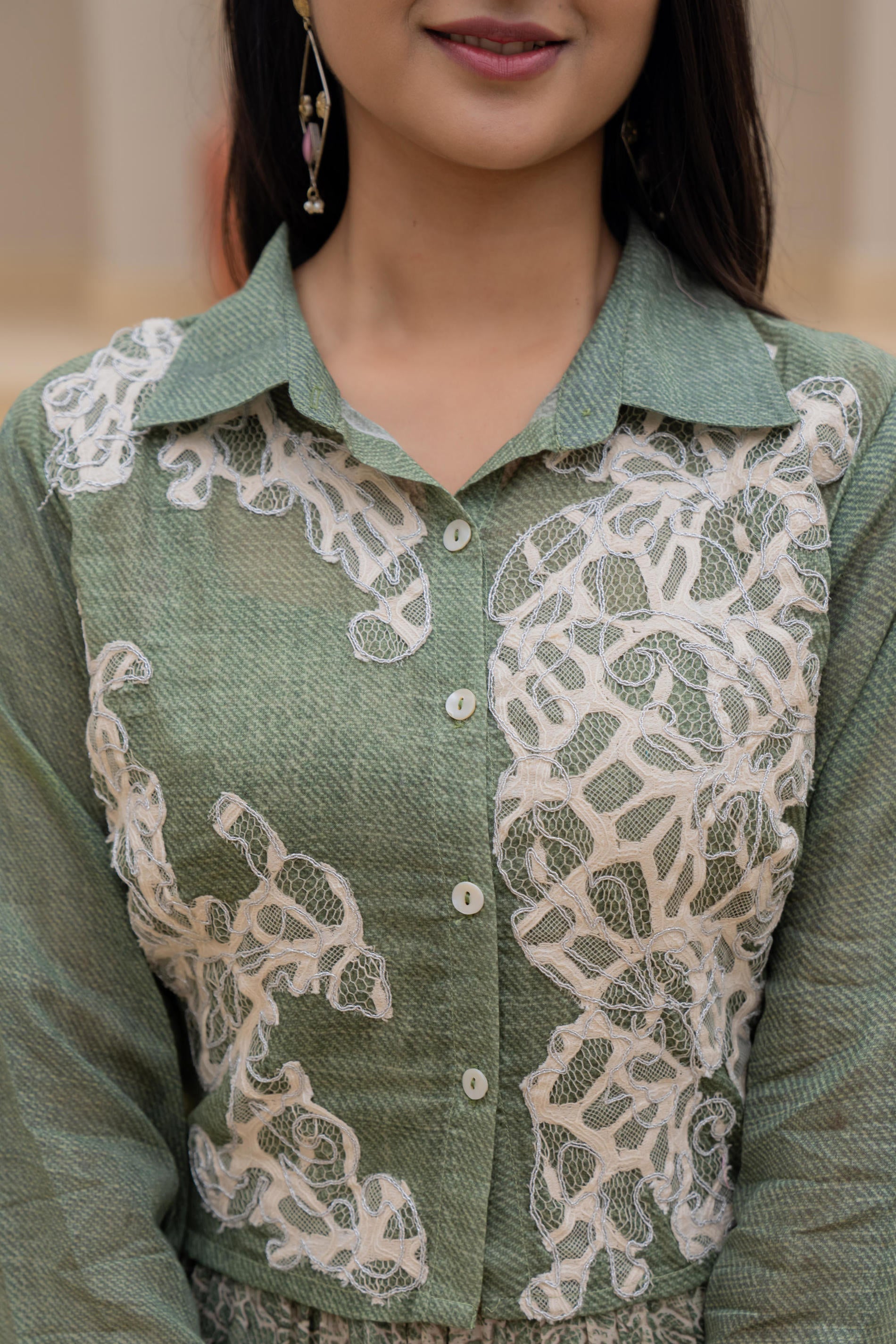 Green Shirt-Style Dress with Off White Embroidery & Tiered Floral Maxi Skirt