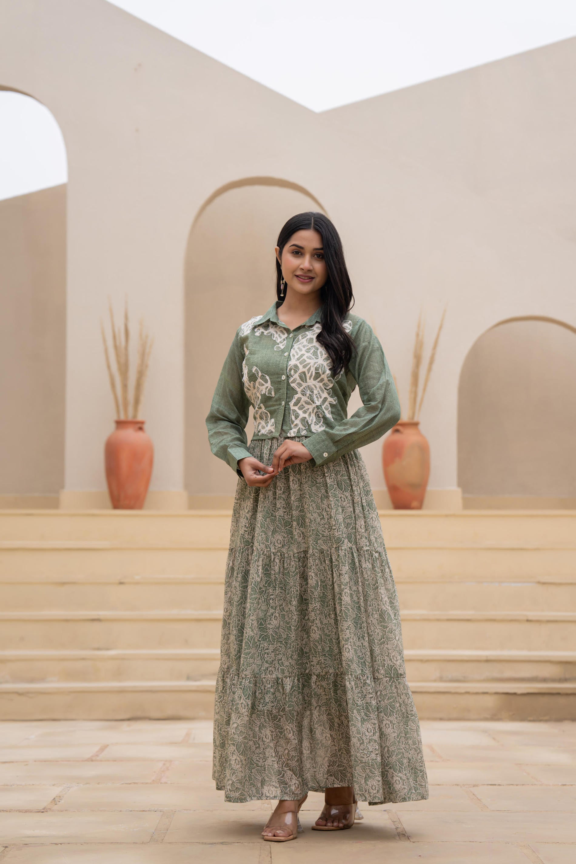 Green Shirt-Style Dress with Off White Embroidery & Tiered Floral Maxi Skirt