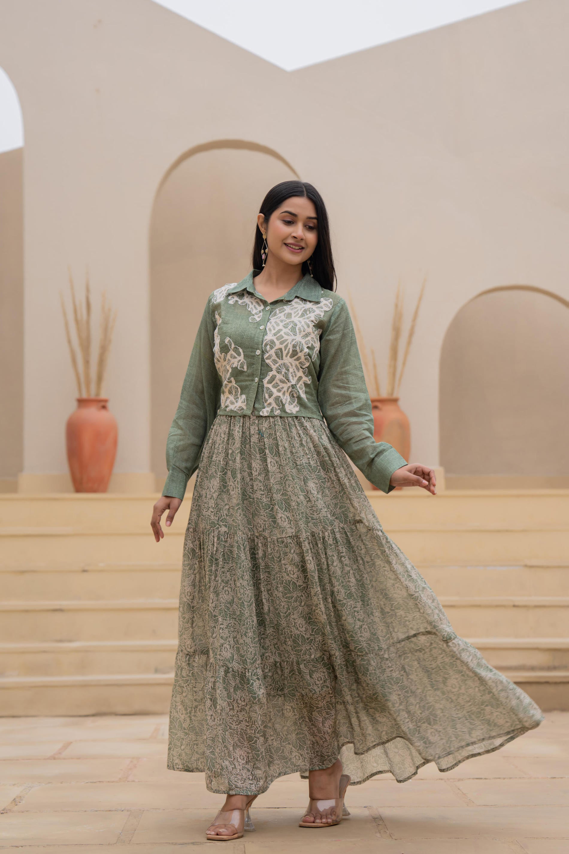 Green Shirt-Style Dress with Off White Embroidery & Tiered Floral Maxi Skirt