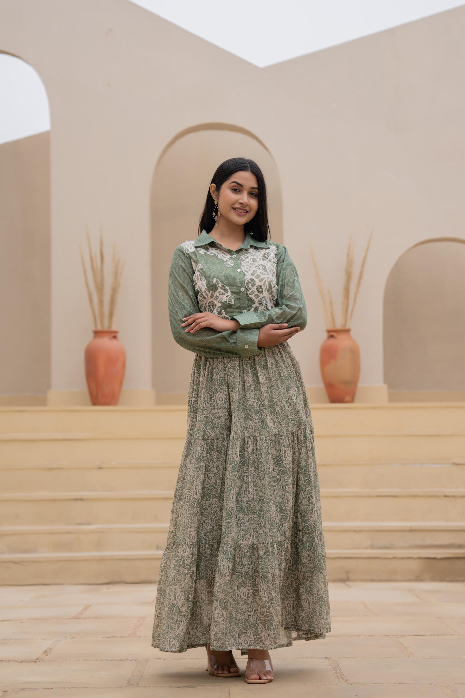Green Shirt-Style Dress with Off White Embroidery & Tiered Floral Maxi Skirt