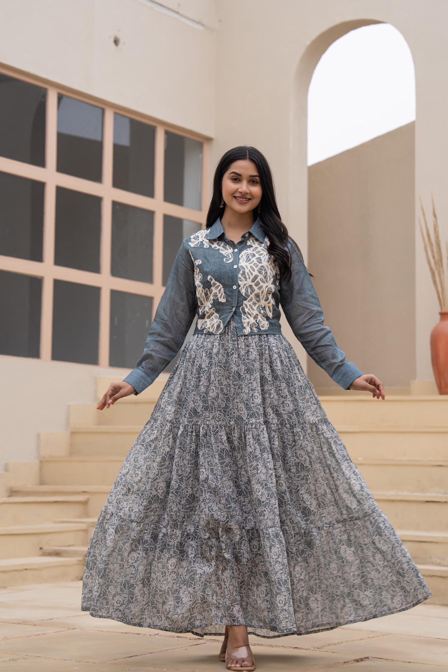 Grey Shirt-Style Dress with Off White Embroidery & Tiered Floral Maxi Skirt