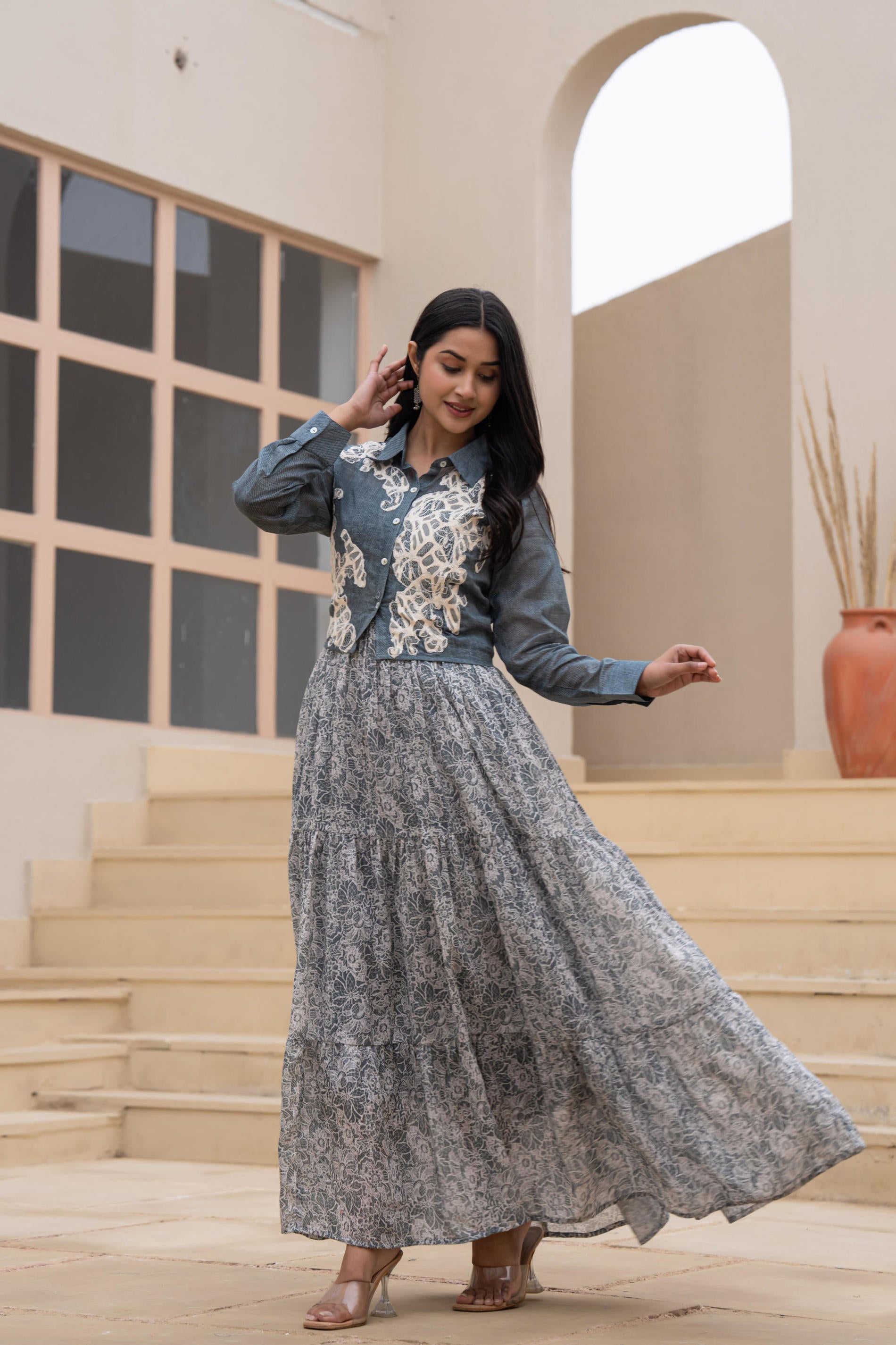 Grey Shirt-Style Dress with Off White Embroidery & Tiered Floral Maxi Skirt