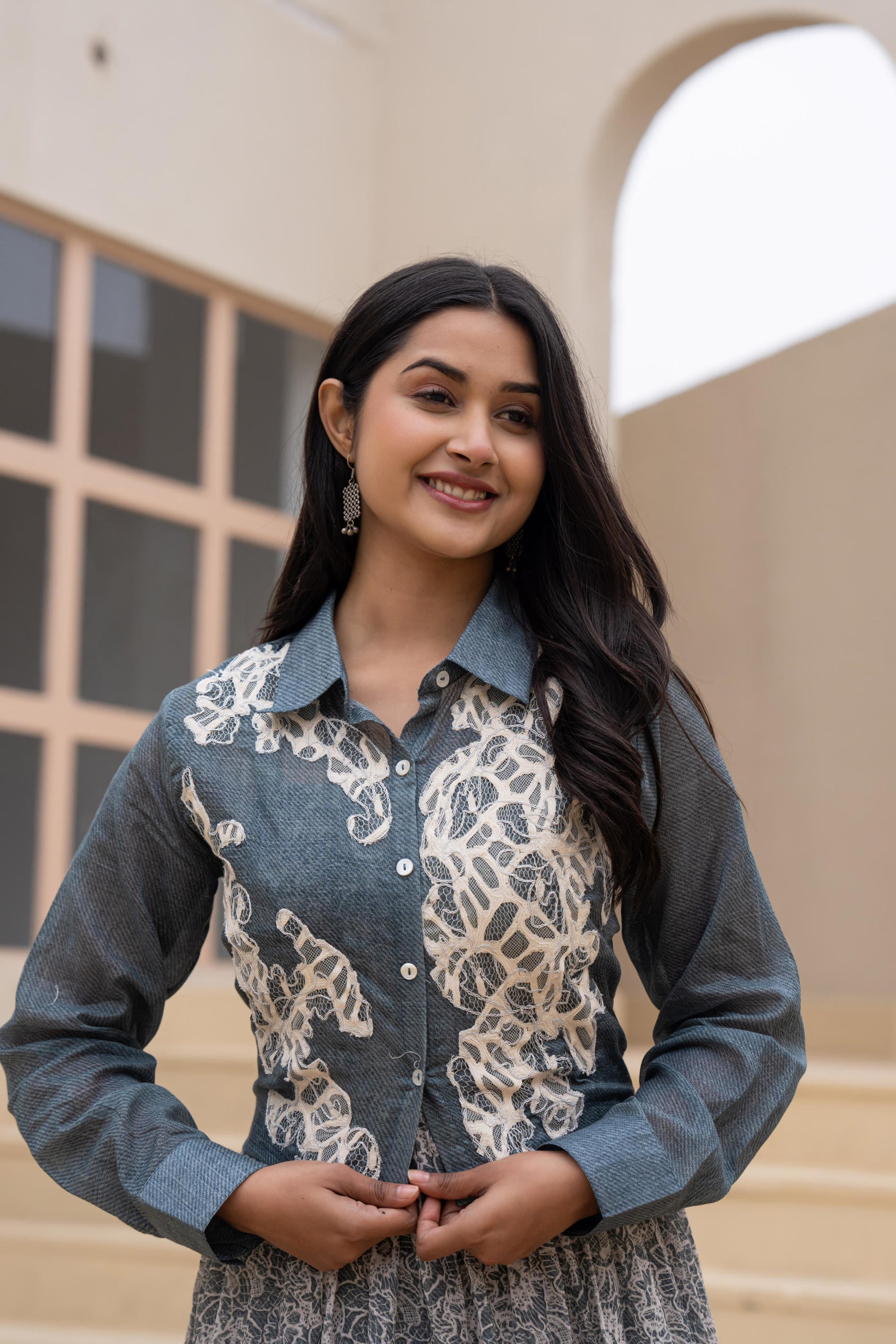 Grey Shirt-Style Dress with Off White Embroidery & Tiered Floral Maxi Skirt