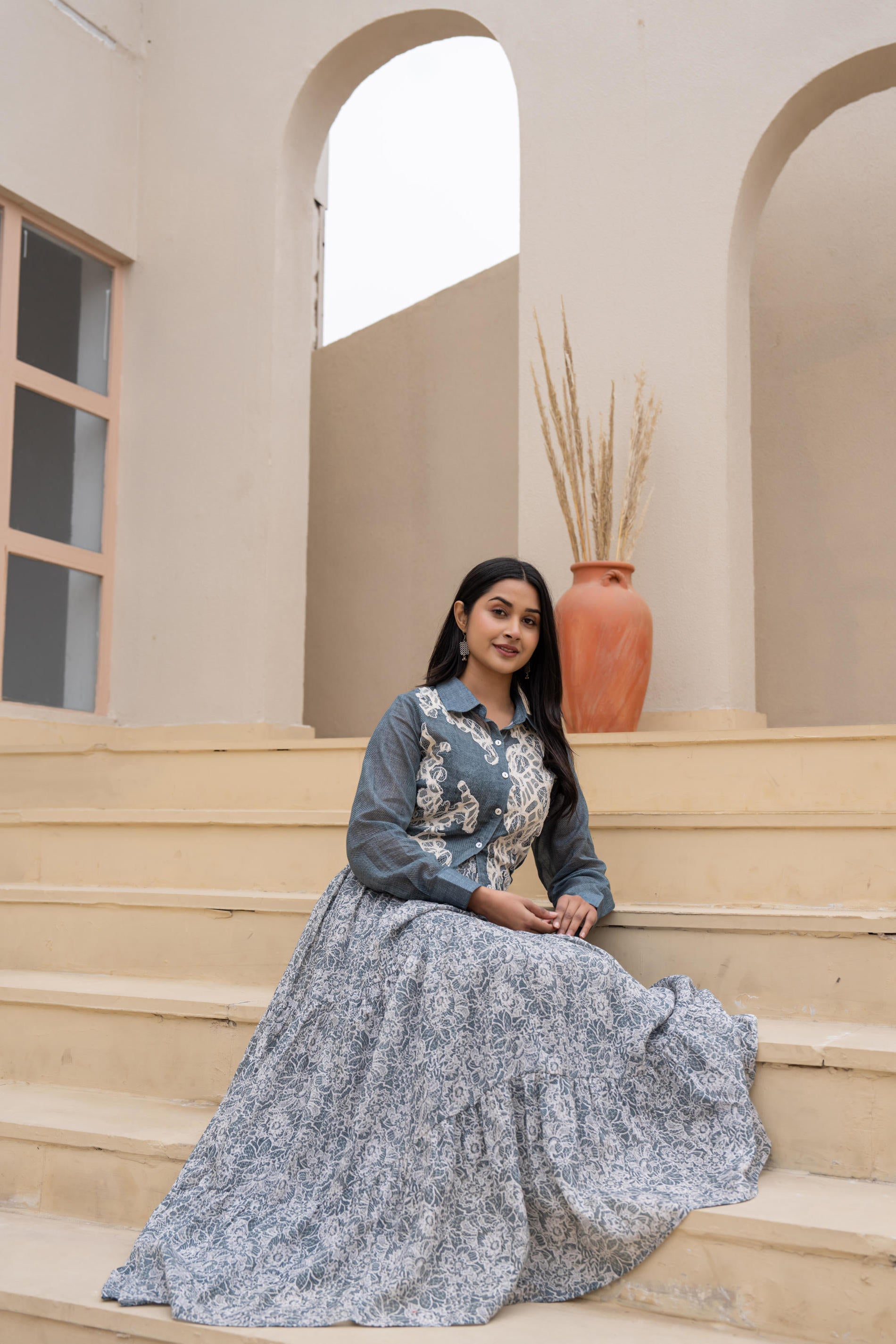 Grey Shirt-Style Dress with Off White Embroidery & Tiered Floral Maxi Skirt