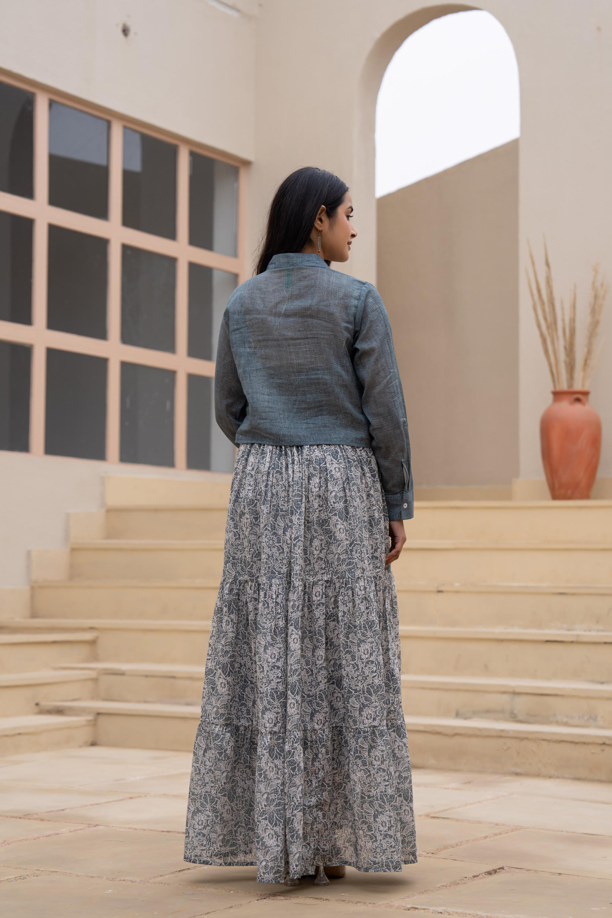 Grey Shirt-Style Dress with Off White Embroidery & Tiered Floral Maxi Skirt