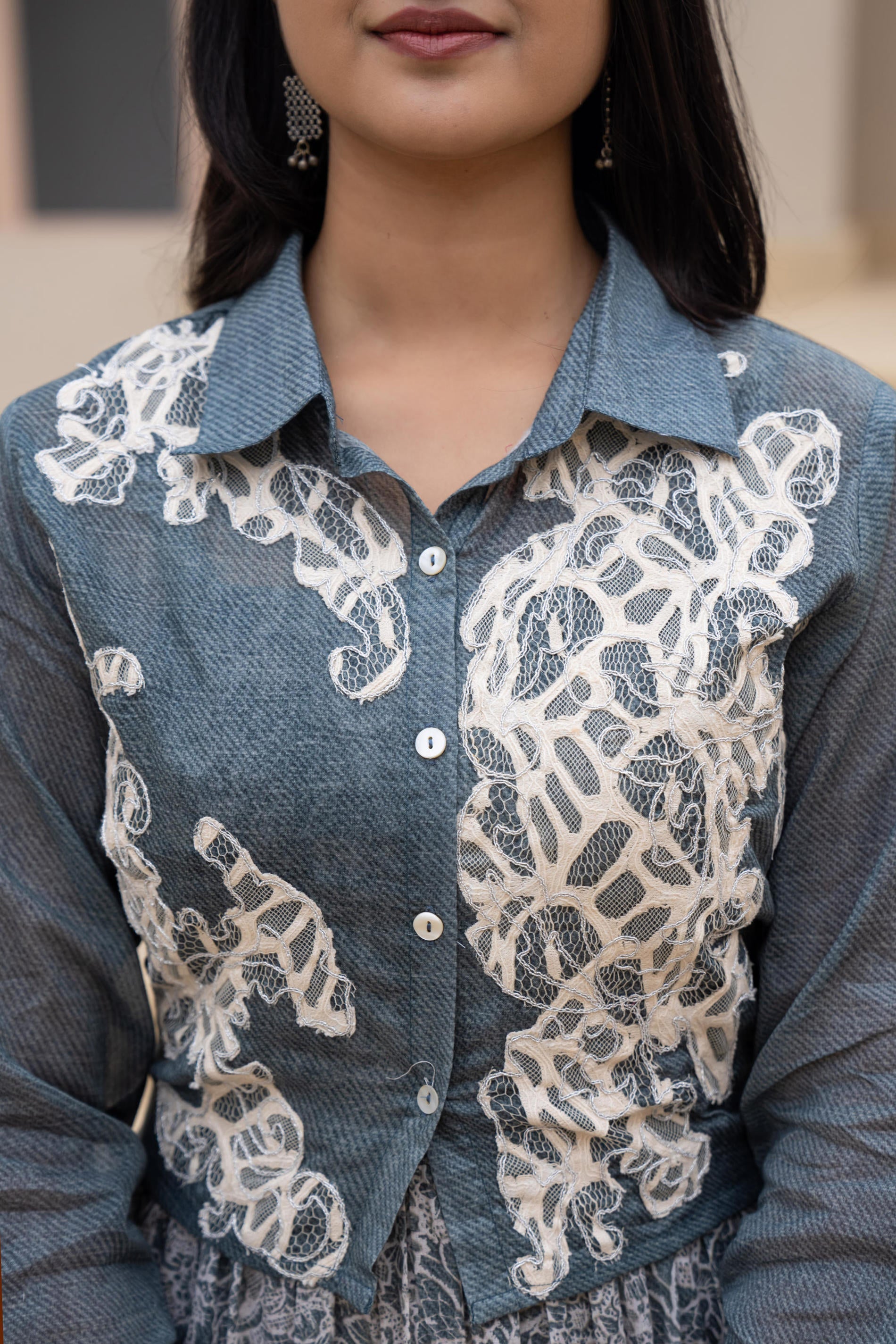 Grey Shirt-Style Dress with Off White Embroidery & Tiered Floral Maxi Skirt