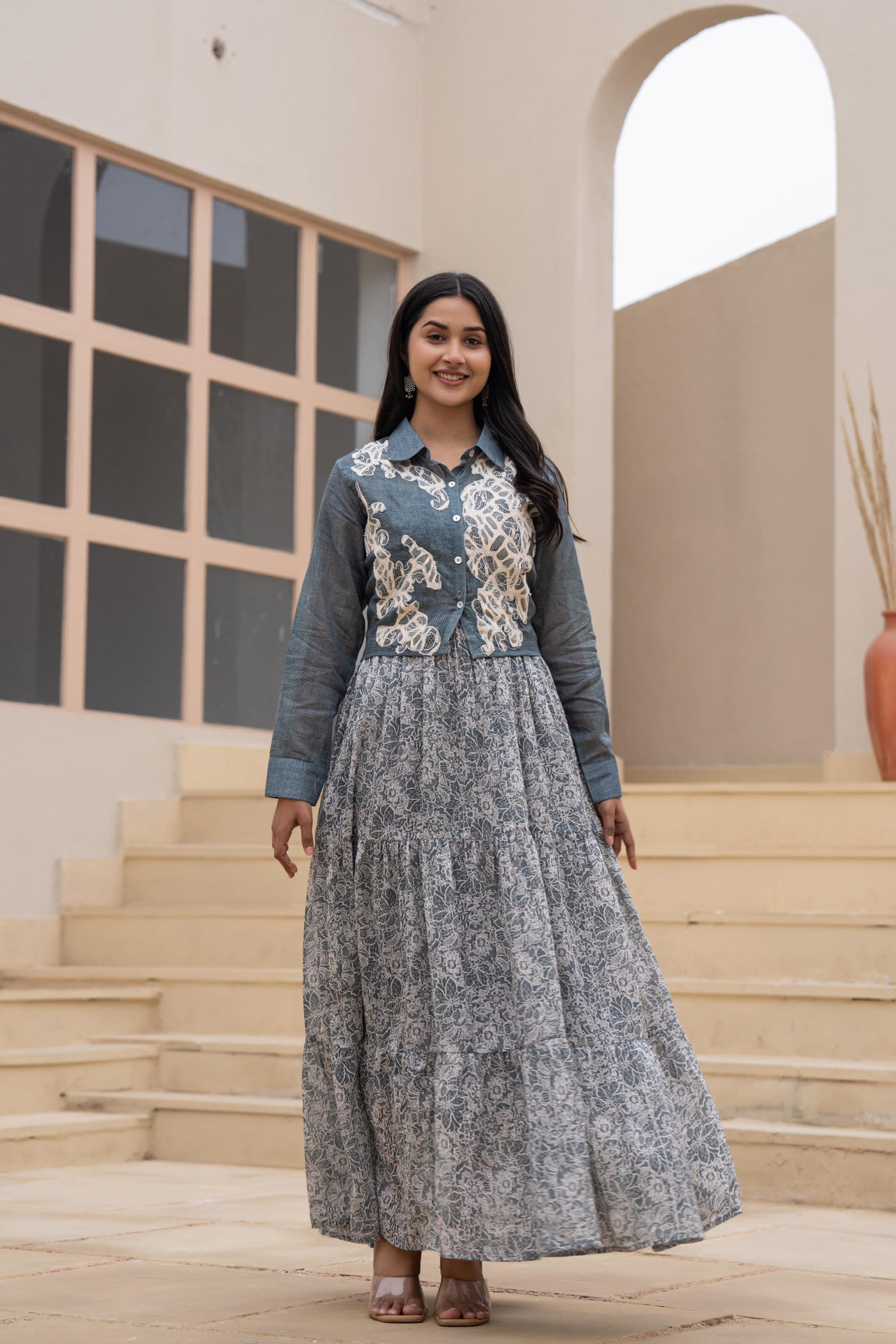 Grey Shirt-Style Dress with Off White Embroidery & Tiered Floral Maxi Skirt