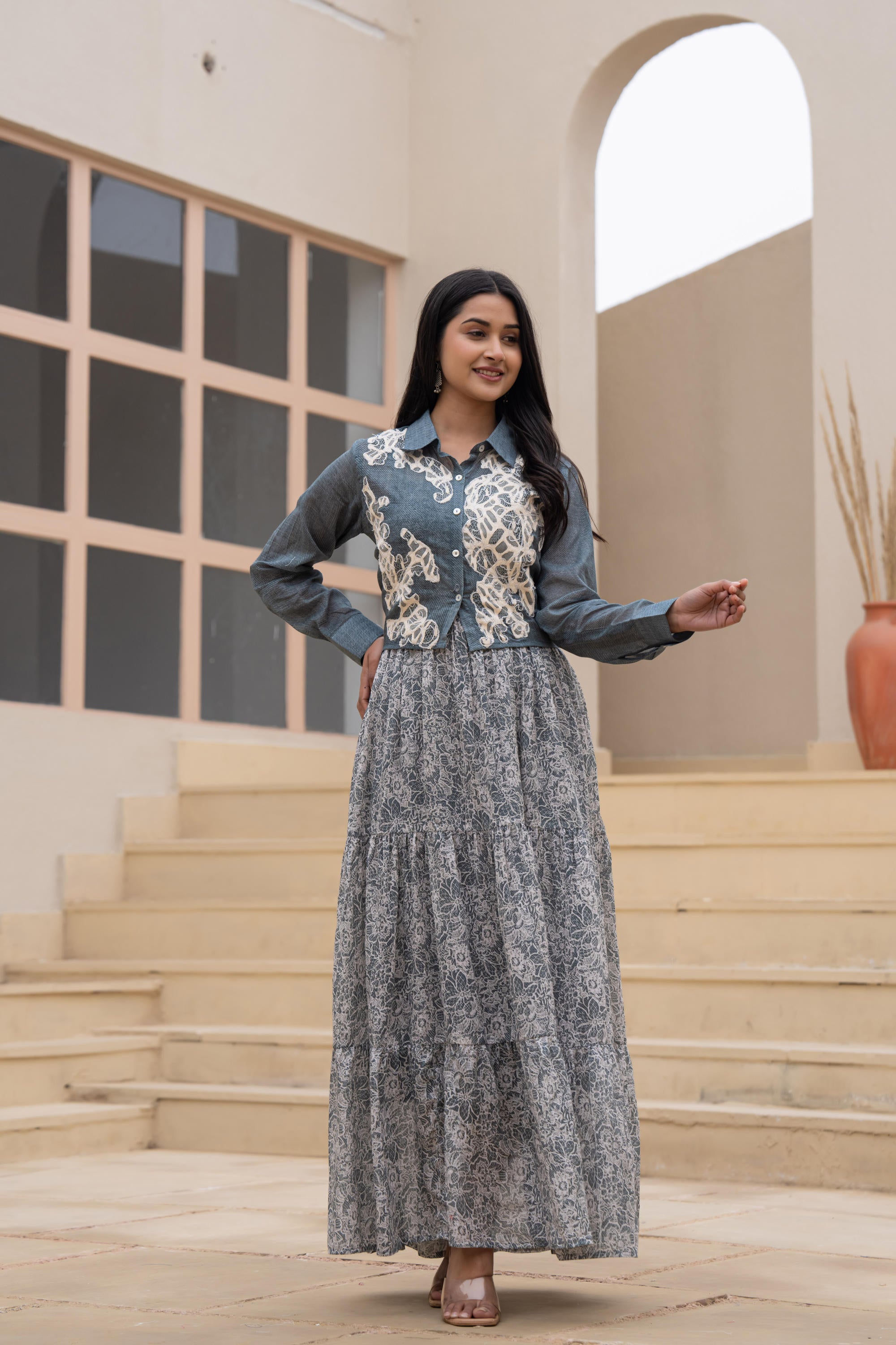 Grey Shirt-Style Dress with Off White Embroidery & Tiered Floral Maxi Skirt