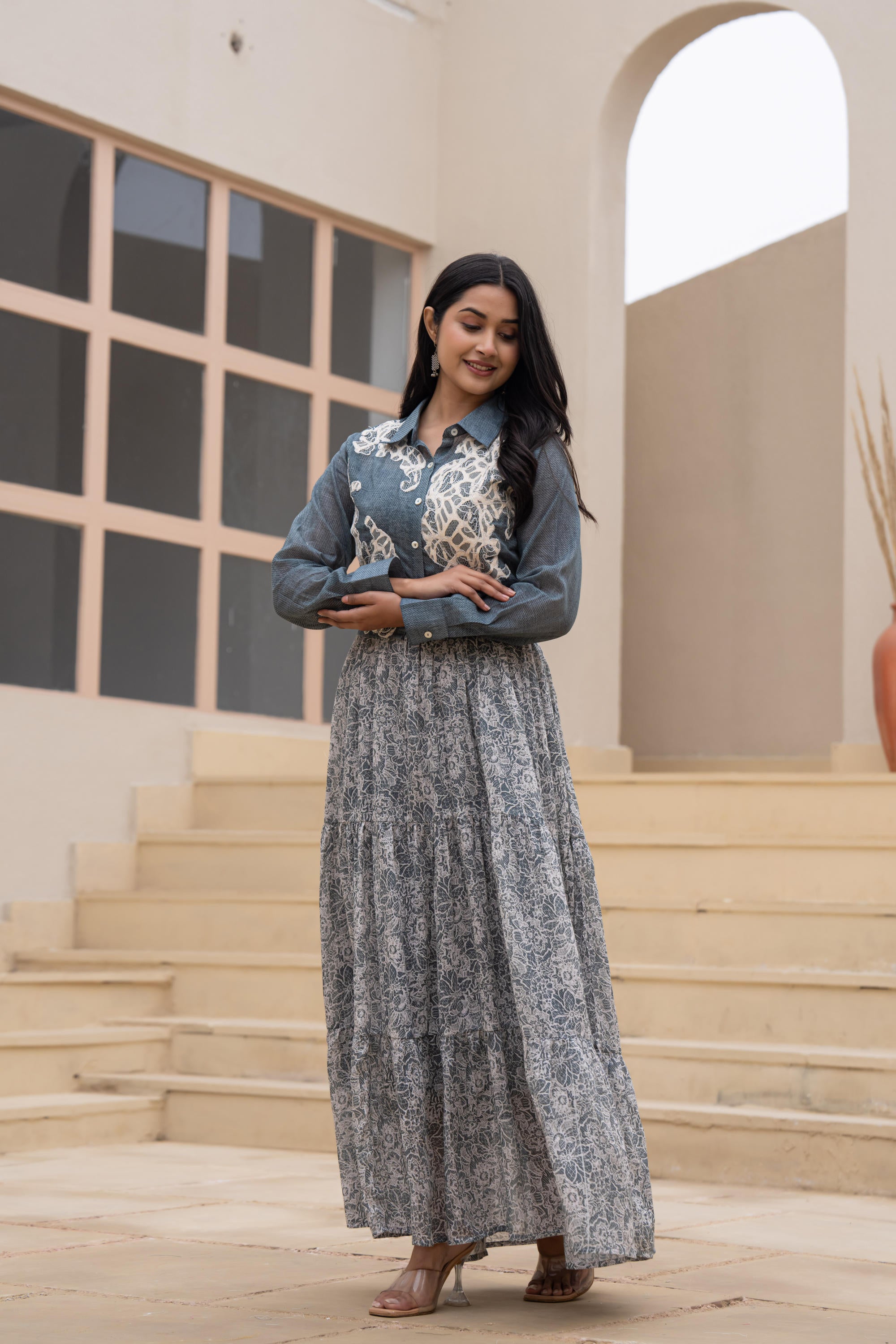 Grey Shirt-Style Dress with Off White Embroidery & Tiered Floral Maxi Skirt
