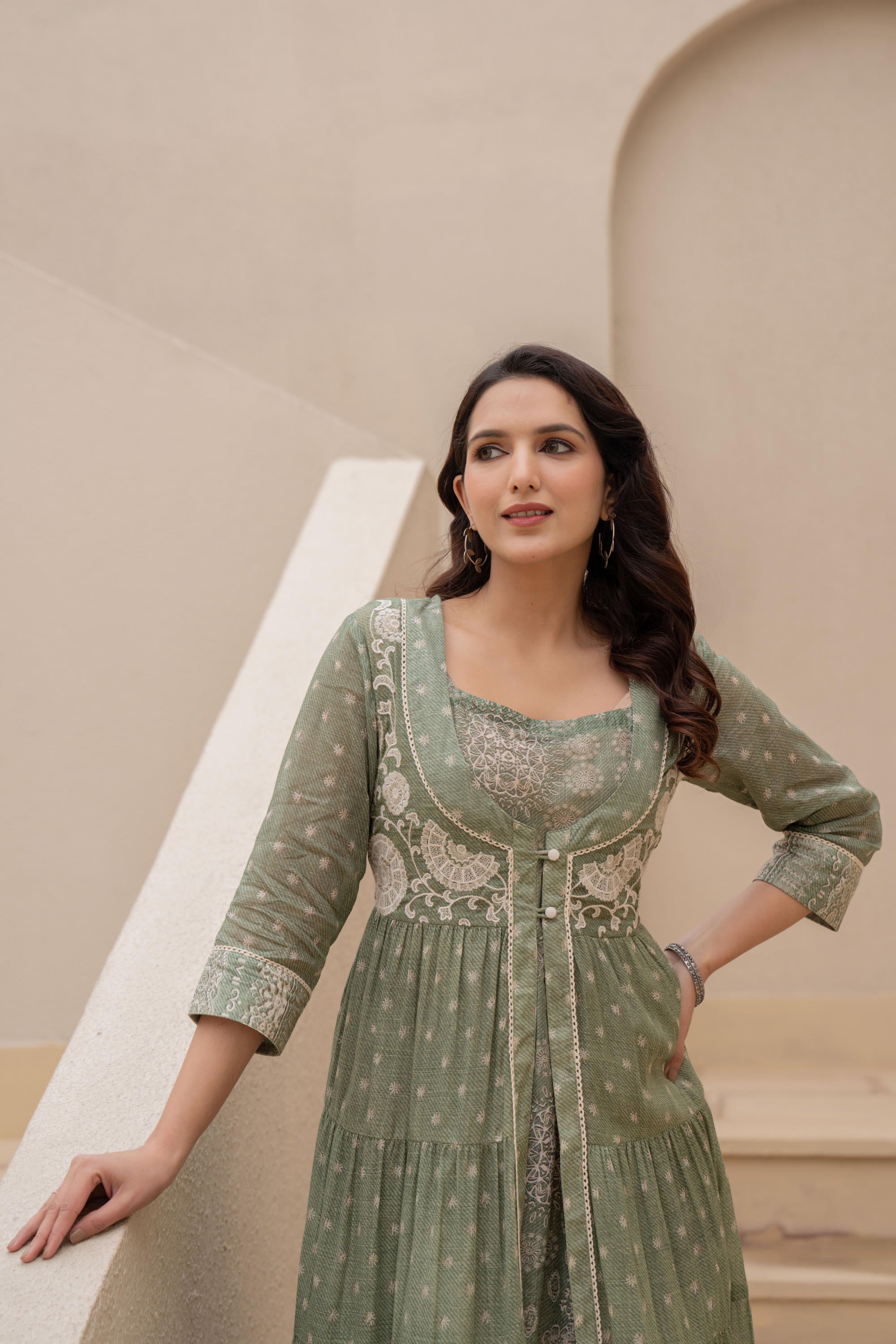 Sage Green Embroidered Flared Maxi Dress with Inner Slip and Button-Down Detailing