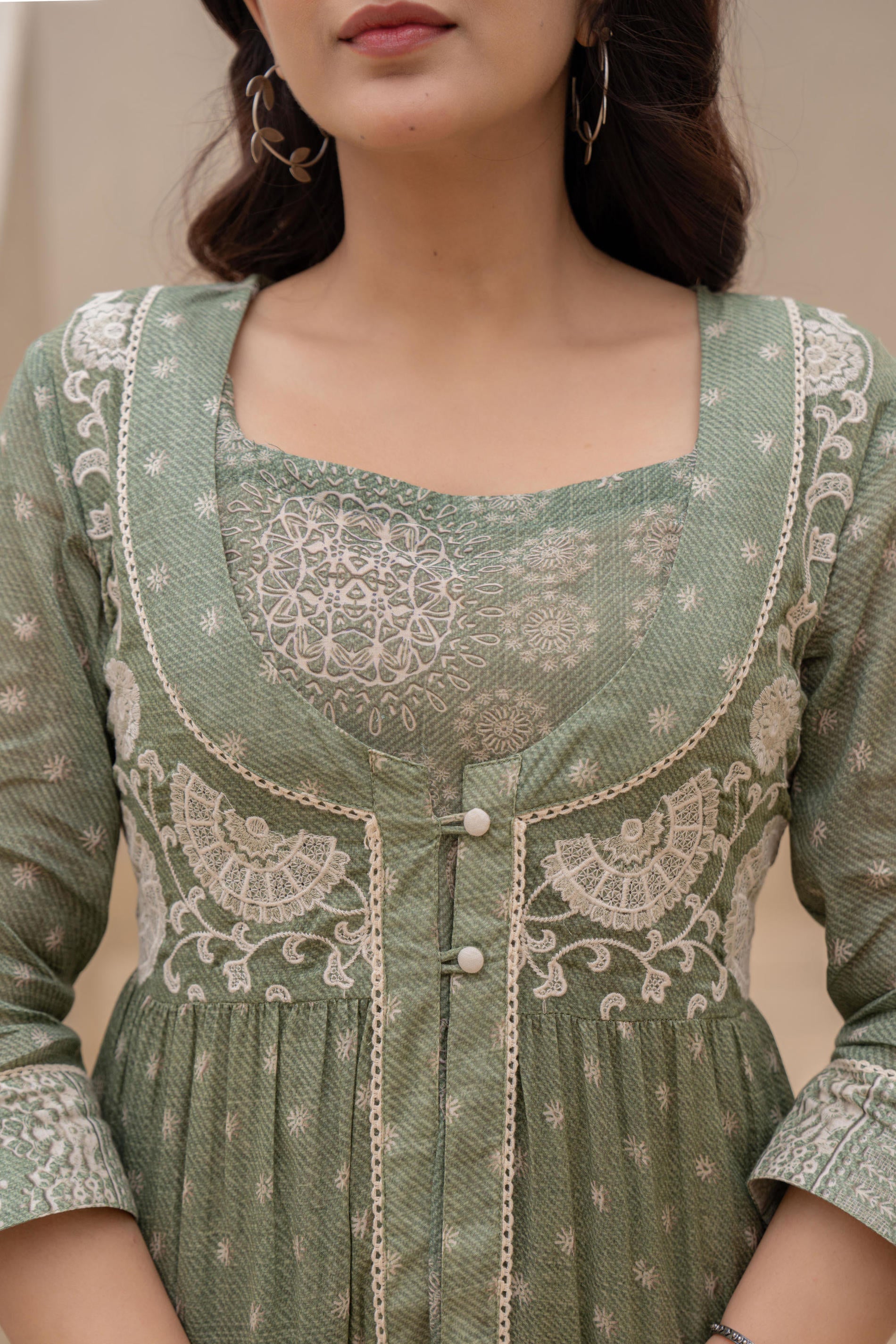 Sage Green Embroidered Flared Maxi Dress with Inner Slip and Button-Down Detailing