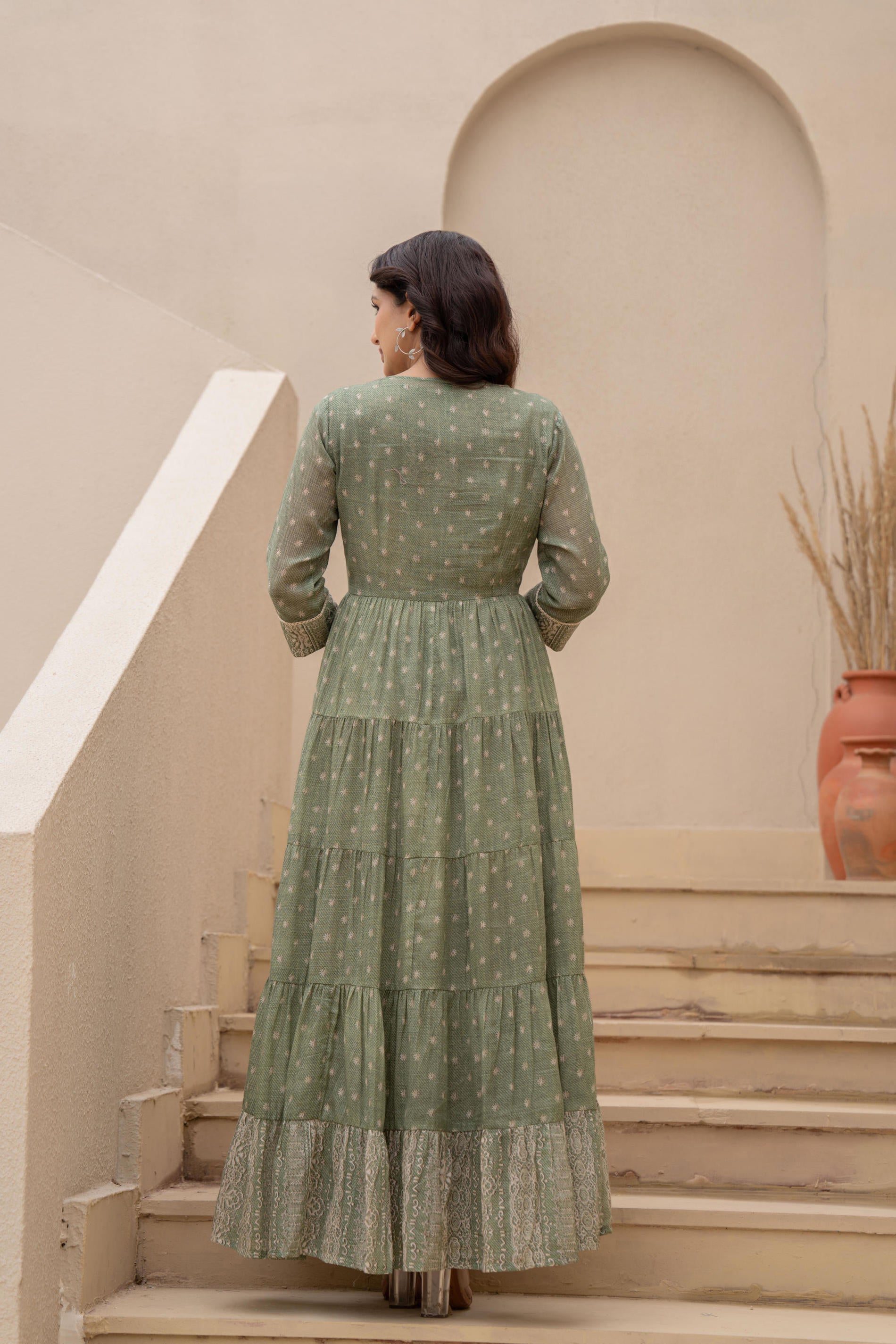 Sage Green Embroidered Flared Maxi Dress with Inner Slip and Button-Down Detailing