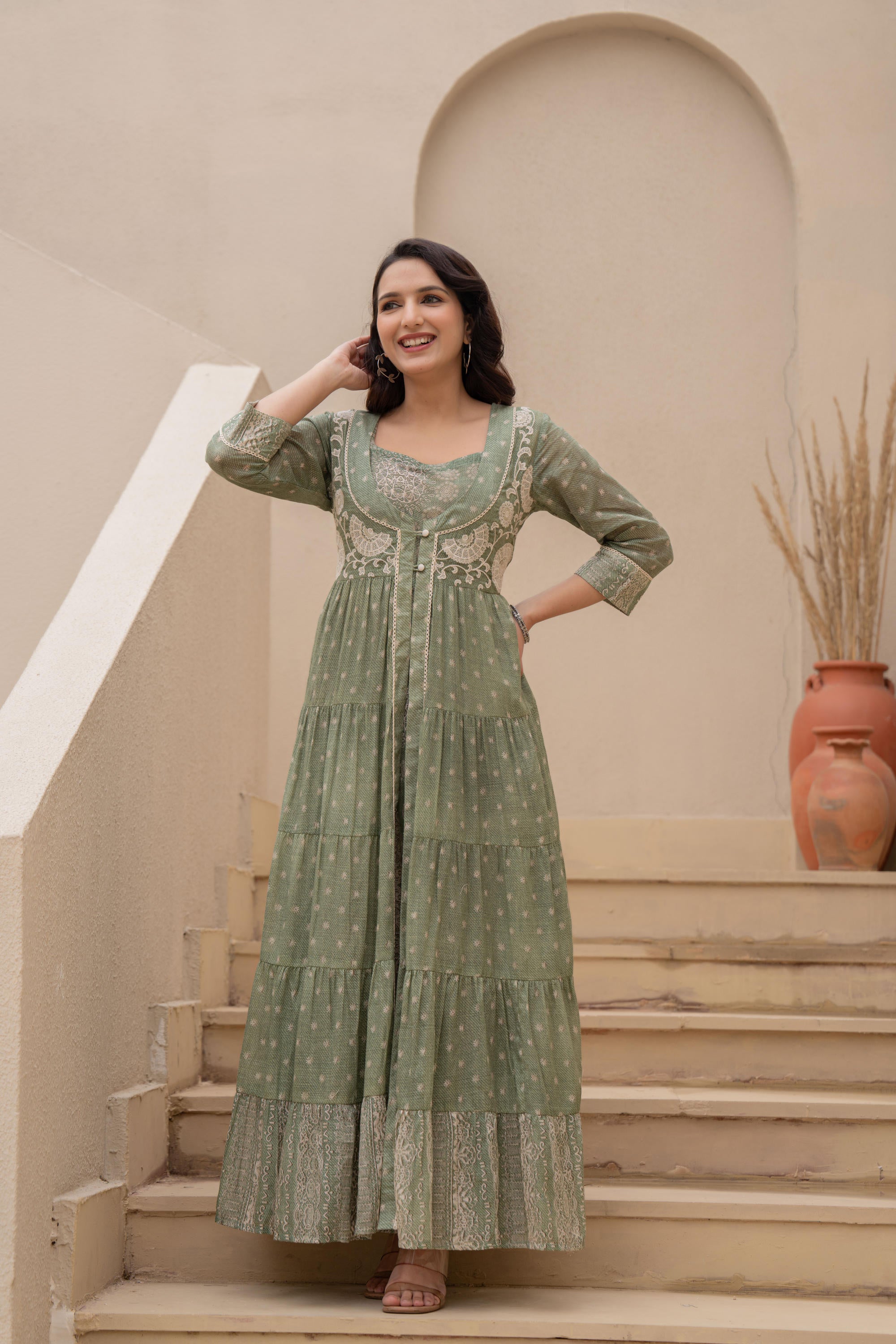 Sage Green Embroidered Flared Maxi Dress with Inner Slip and Button-Down Detailing