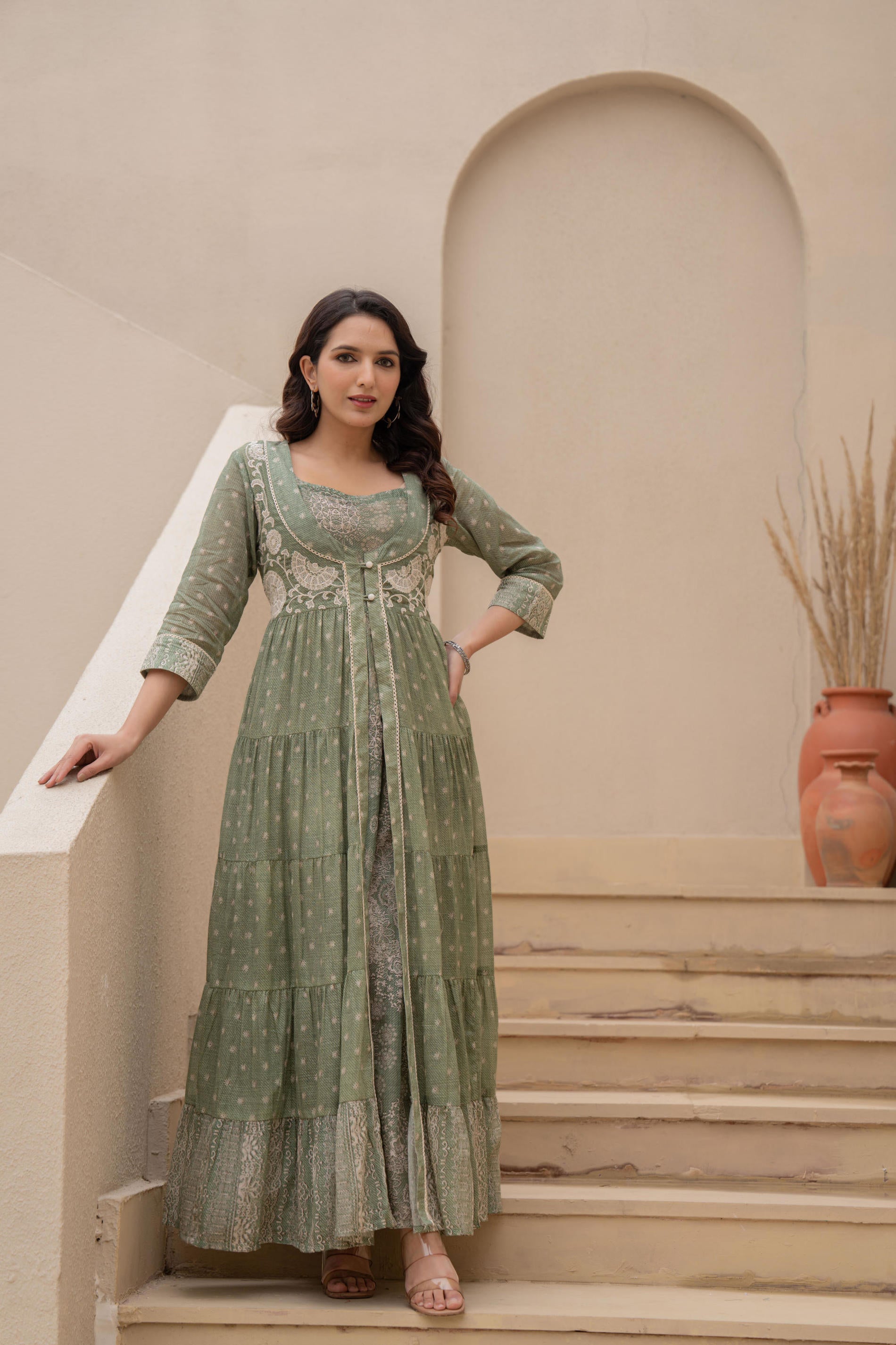 Sage Green Embroidered Flared Maxi Dress with Inner Slip and Button-Down Detailing