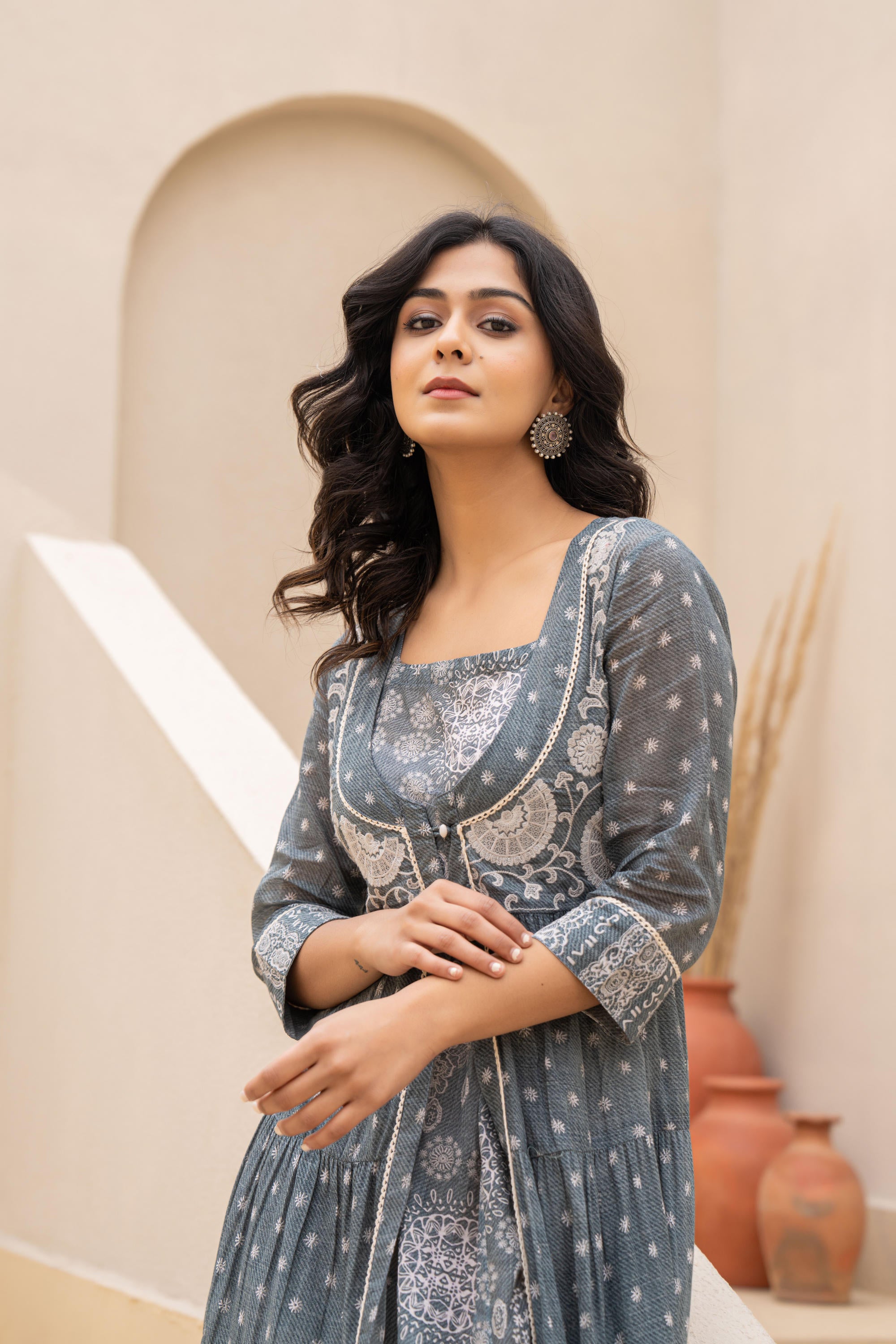 Grey Embroidered Flared Maxi Dress with Inner Slip and Button-Down Detailing