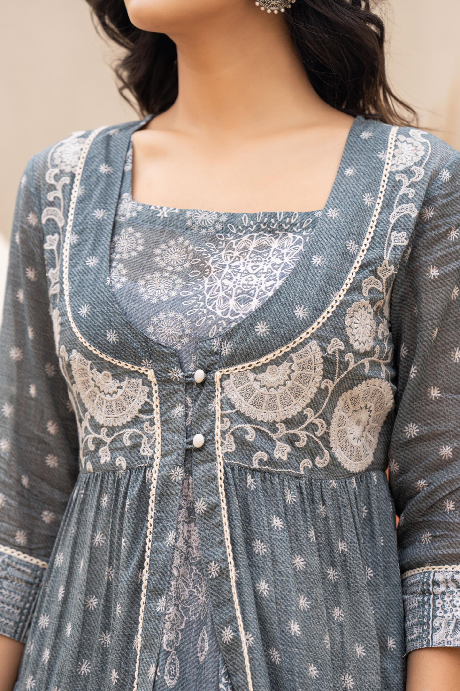 Grey Embroidered Flared Maxi Dress with Inner Slip and Button-Down Detailing