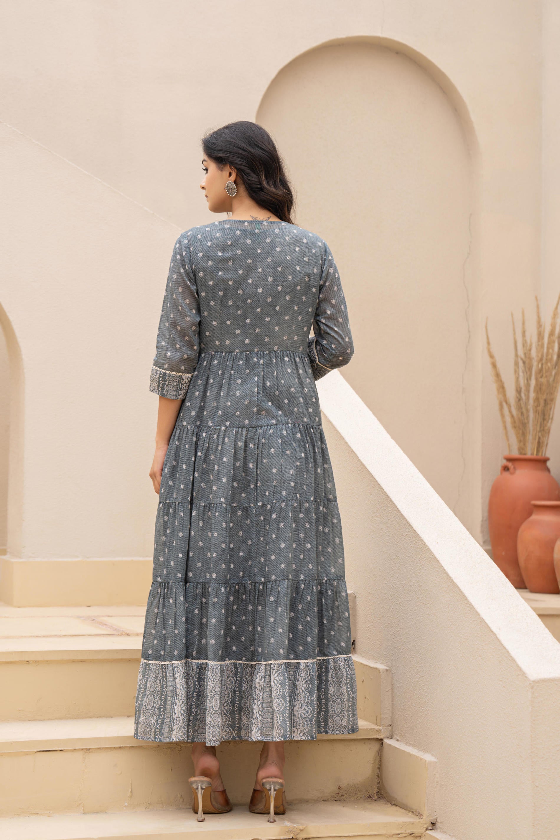 Grey Embroidered Flared Maxi Dress with Inner Slip and Button-Down Detailing