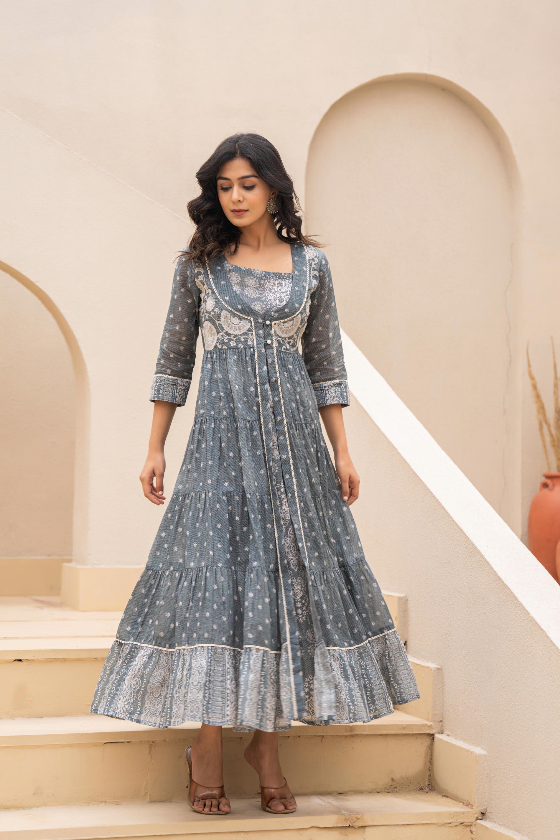 Grey Embroidered Flared Maxi Dress with Inner Slip and Button-Down Detailing