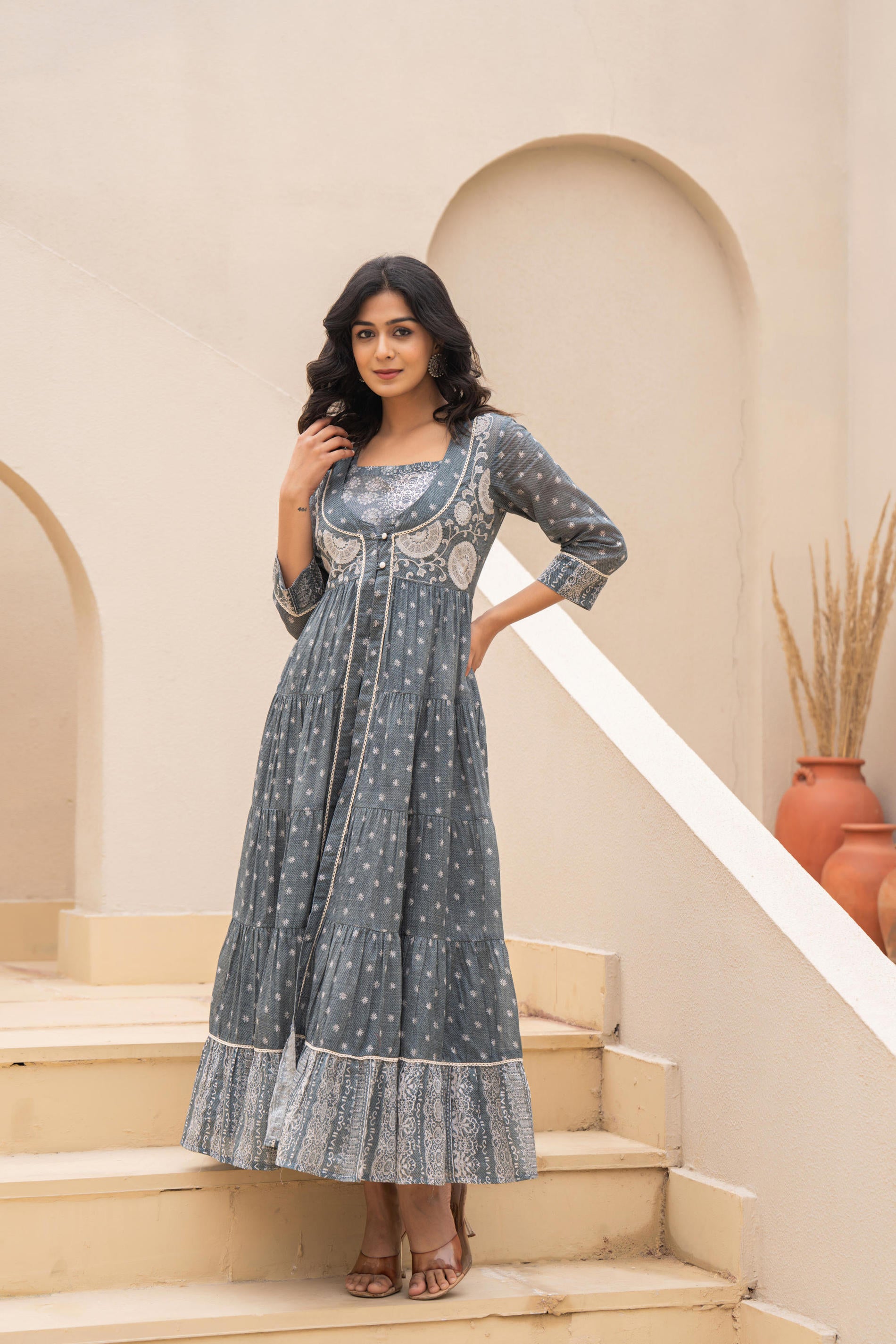 Grey Embroidered Flared Maxi Dress with Inner Slip and Button-Down Detailing