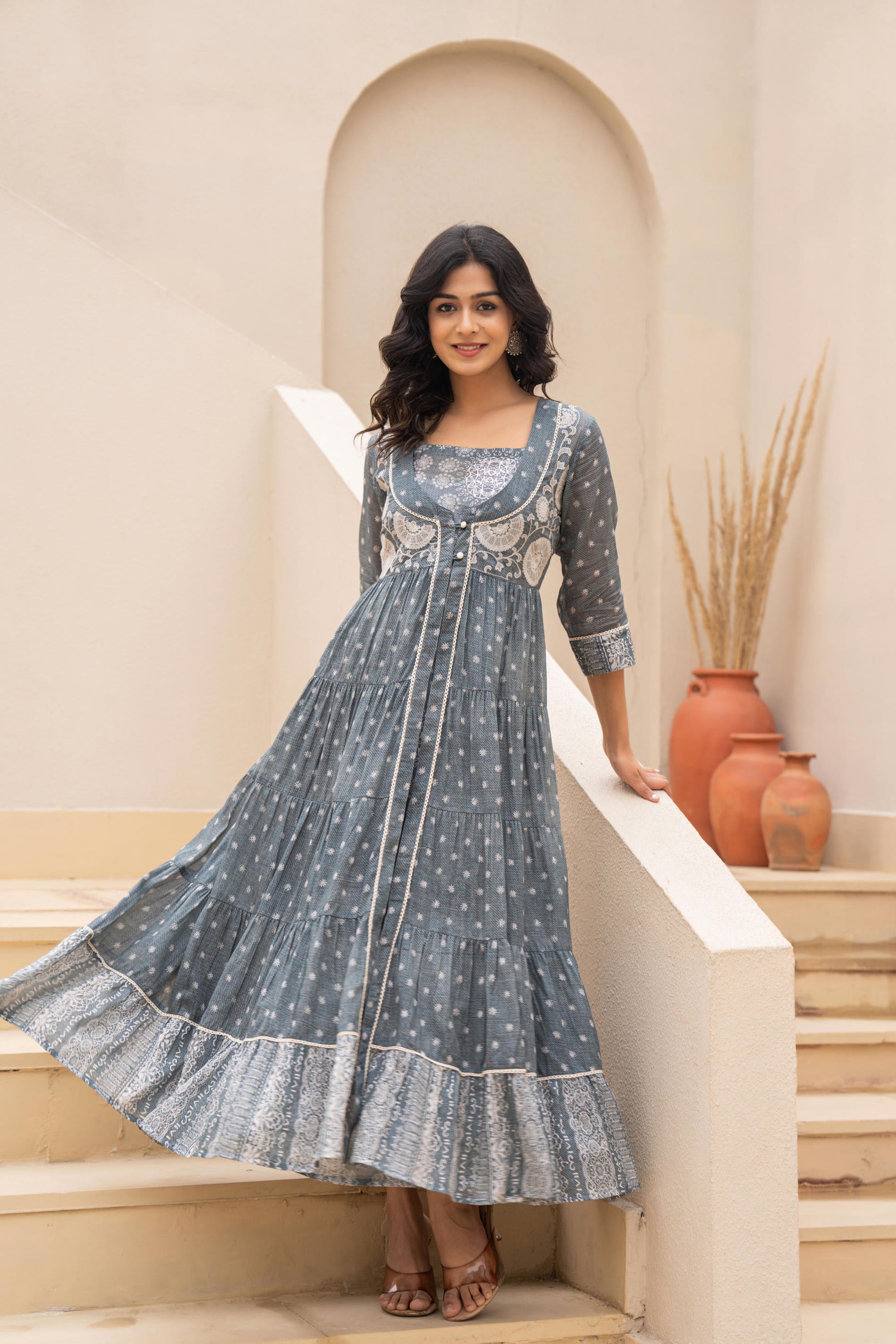 Grey Embroidered Flared Maxi Dress with Inner Slip and Button-Down Detailing