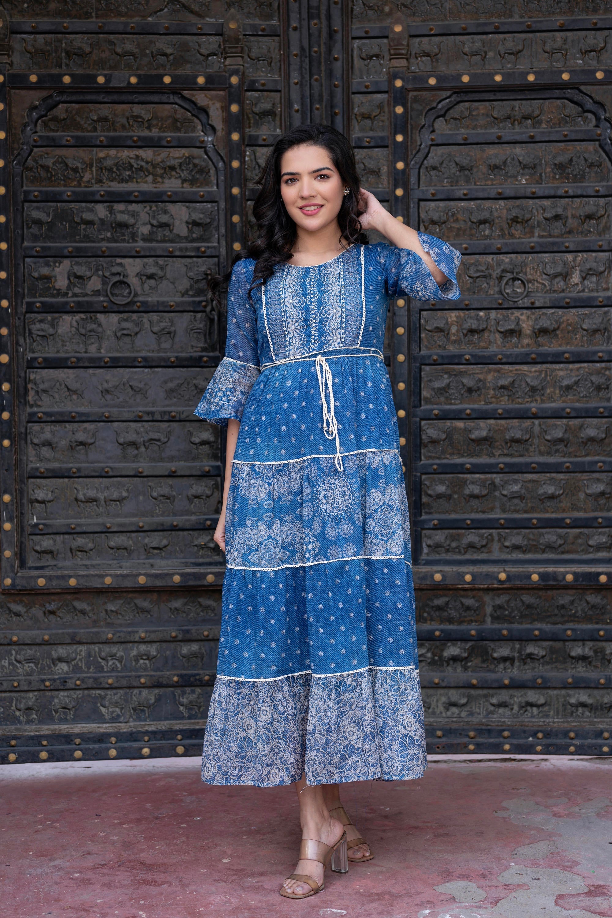 Blue Floral Printed Cotton Dress with Dori, Cotton Lace & Bead Work